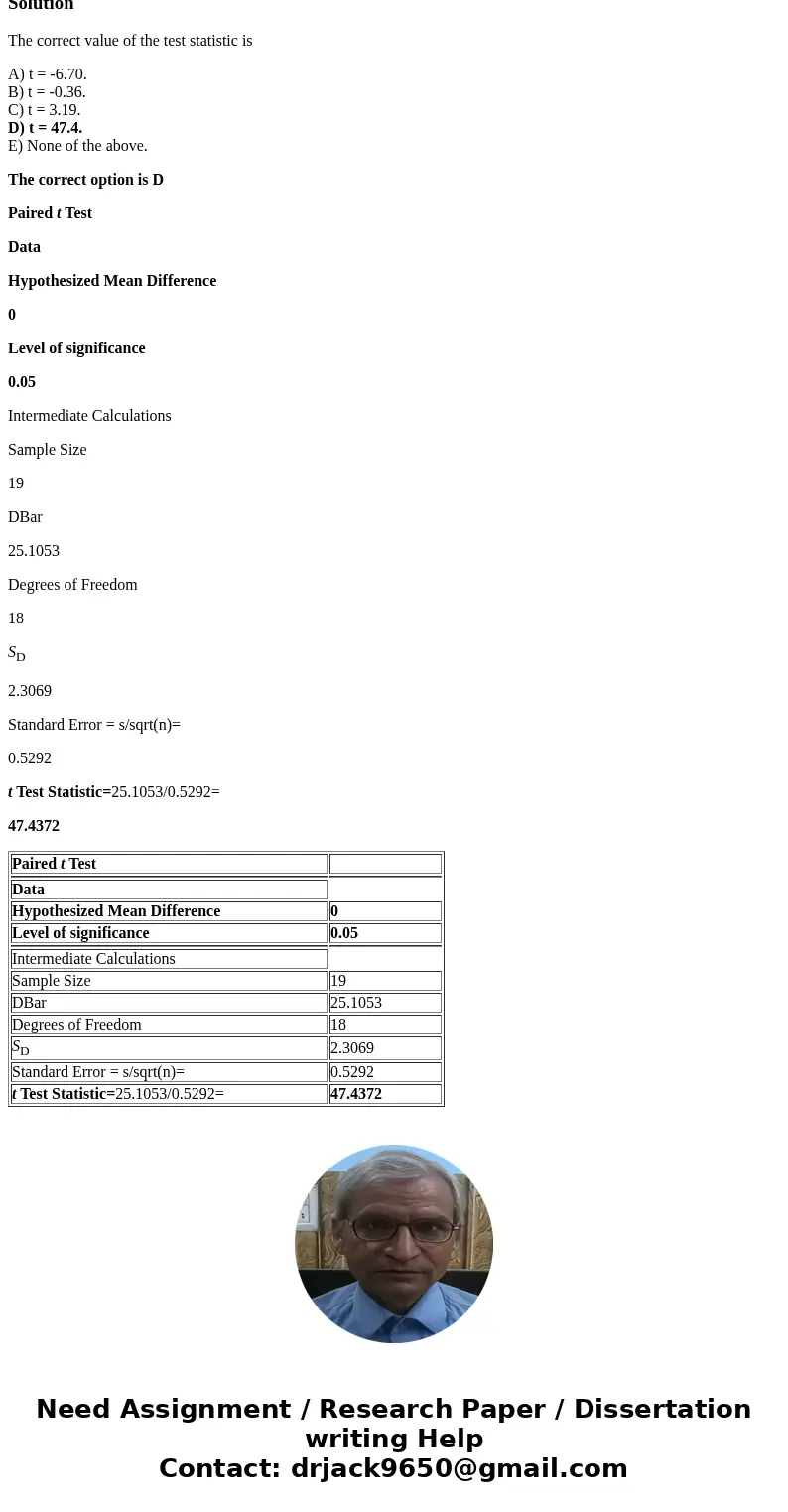 A) t = -6.70. B) t = -0.36. C) t = 3.19. D) t = 47.4. E) None of the above.SolutionThe correct value of the test statistic is A) t = -6.70. B) t = -0.36. C) t =
