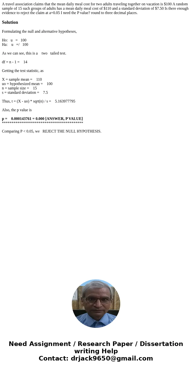 A travel association claims that the mean daily meal cost for two adults traveling together on vacation is $100 A random sample of 15 such groups of adults has  A travel association claims that the mean daily meal cost for two adults traveling together on vacation is $100 A random sample of 15 such groups of adults has