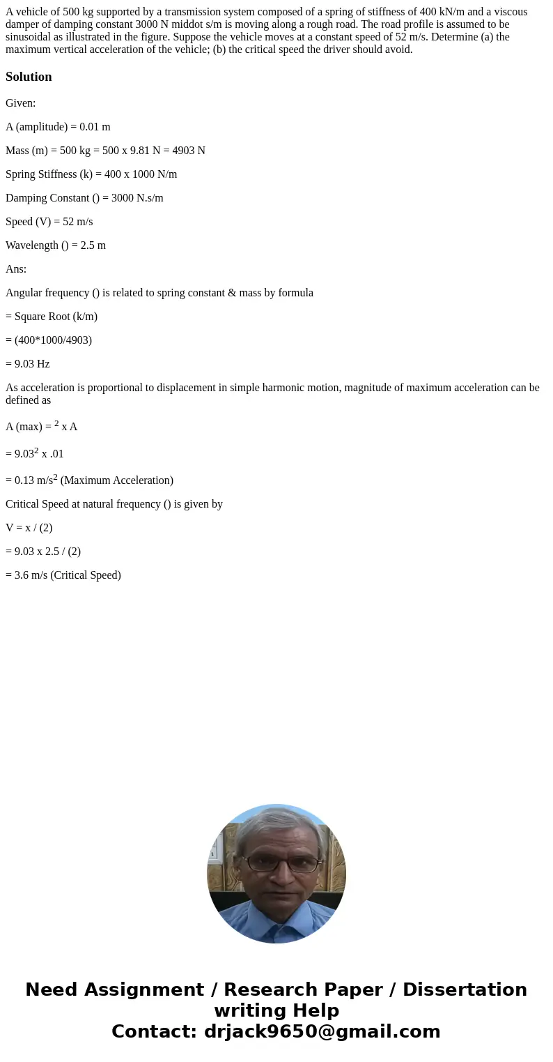 A vehicle of 500 kg supported by a transmission system composed of a spring of stiffness of 400 kN/m and a viscous damper of damping constant 3000 N middot s/m  A vehicle of 500 kg supported by a transmission system composed of a spring of stiffness of 400 kN/m and a viscous damper of damping constant 3000 N middot s/m