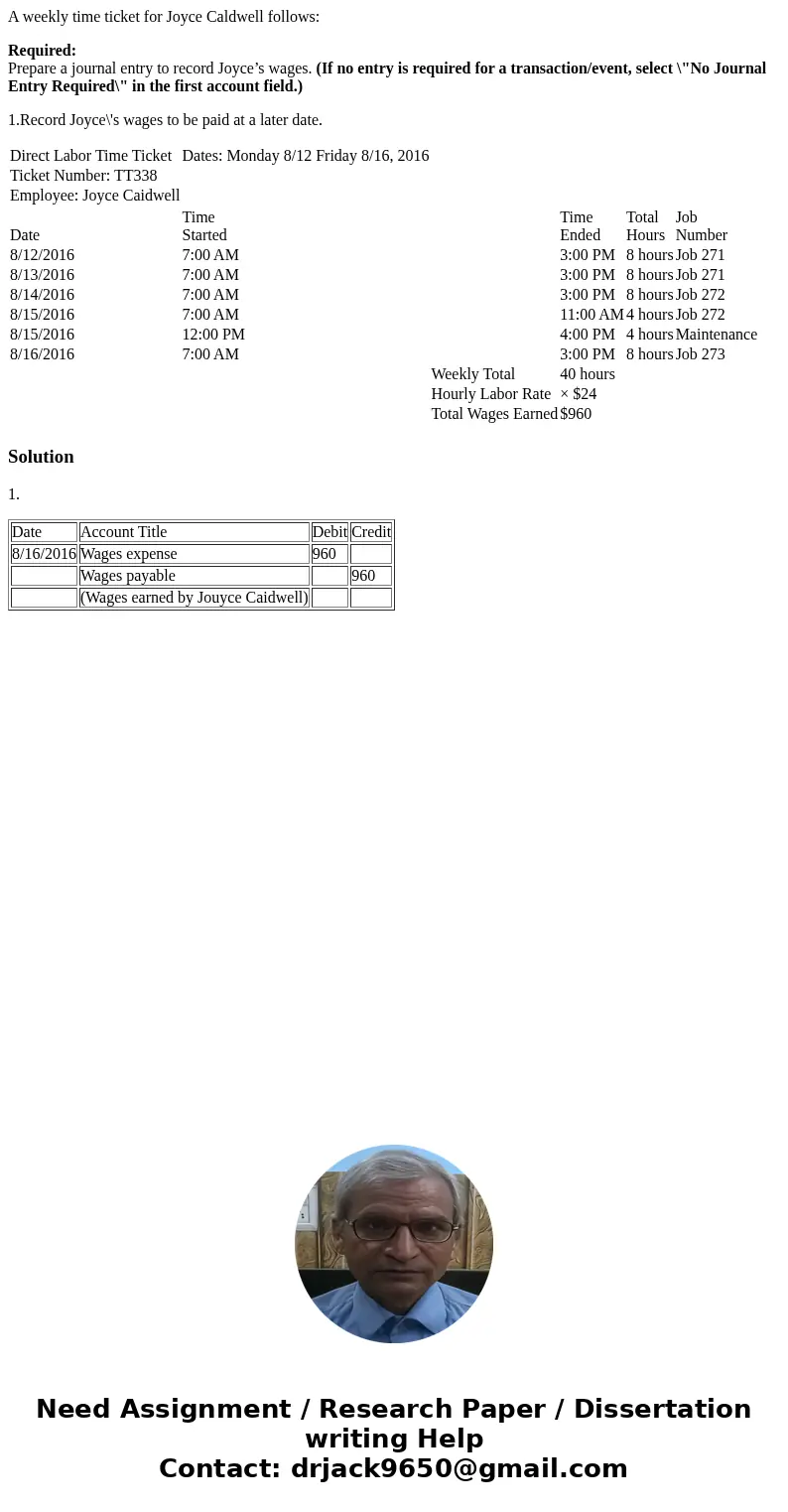 A weekly time ticket for Joyce Caldwell follows: Required: Prepare a journal entry to record Joyce’s wages. (If no entry is required for a transaction/event, se