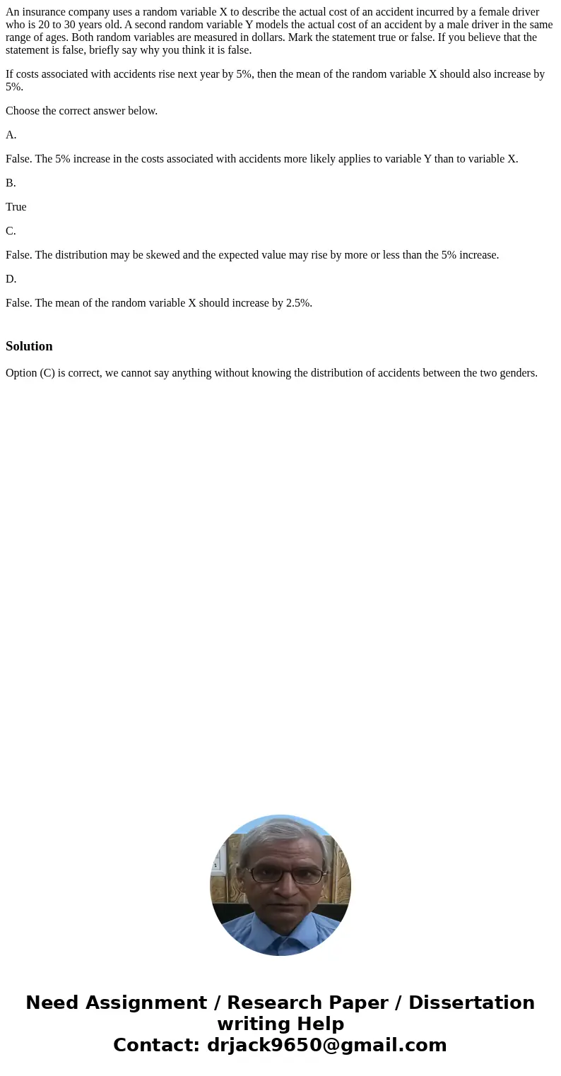 An insurance company uses a random variable X to describe the actual cost of an accident incurred by a female driver who is 20 to 30 years old. A second random  An insurance company uses a random variable X to describe the actual cost of an accident incurred by a female driver who is 20 to 30 years old. A second random