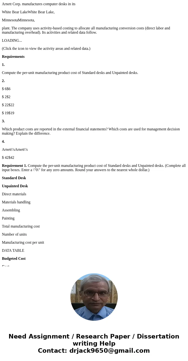 Arnett Corp. manufactures computer desks in its White Bear LakeWhite Bear Lake, MinnesotaMinnesota, plant. The company uses activity-based costing to allocate a Arnett Corp. manufactures computer desks in its White Bear LakeWhite Bear Lake, MinnesotaMinnesota, plant. The company uses activity-based costing to allocate a