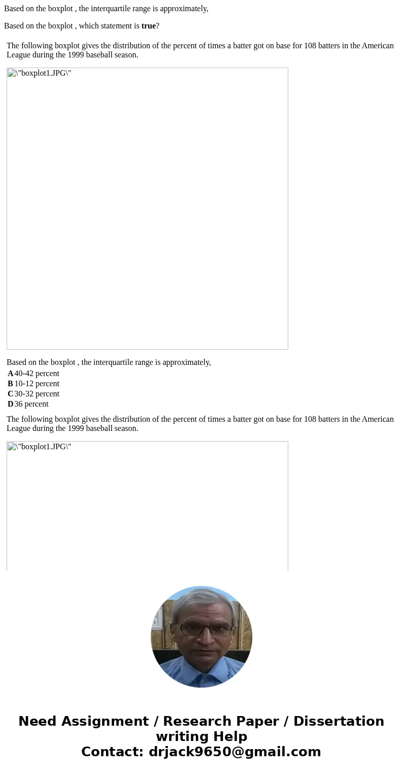 Based on the boxplot , the interquartile range is approximately, Based on the boxplot , which statement is true? The following boxplot gives the distribution of