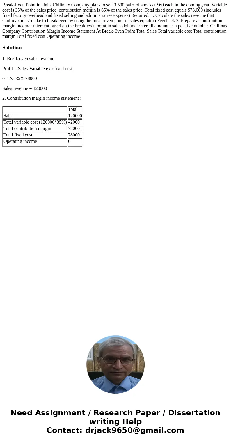 Break-Even Point in Units Chilimax Company plans to sell 3,500 pairs of shoes at $60 each in the coming year. Variable cost is 35% of the sales price; contribu  Break-Even Point in Units Chilimax Company plans to sell 3,500 pairs of shoes at $60 each in the coming year. Variable cost is 35% of the sales price; contribu