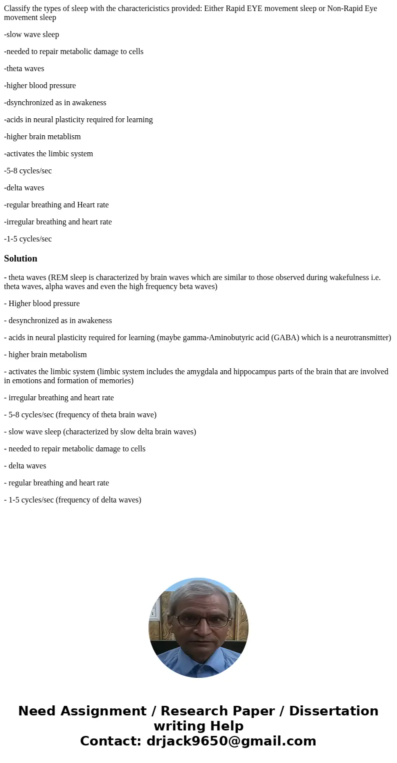 Classify the types of sleep with the charactericistics provided: Either Rapid EYE movement sleep or Non-Rapid Eye movement sleep -slow wave sleep -needed to rep Classify the types of sleep with the charactericistics provided: Either Rapid EYE movement sleep or Non-Rapid Eye movement sleep -slow wave sleep -needed to rep