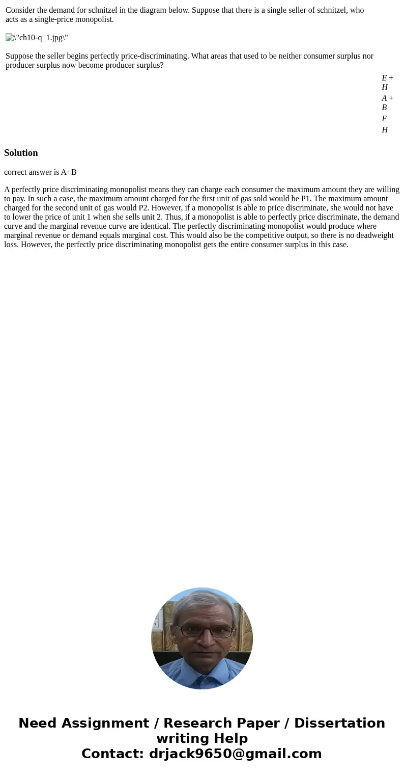  Consider the demand for schnitzel in the diagram below. Suppose that there is a single seller of schnitzel, who acts as a single-price monopolist. Suppose the 
