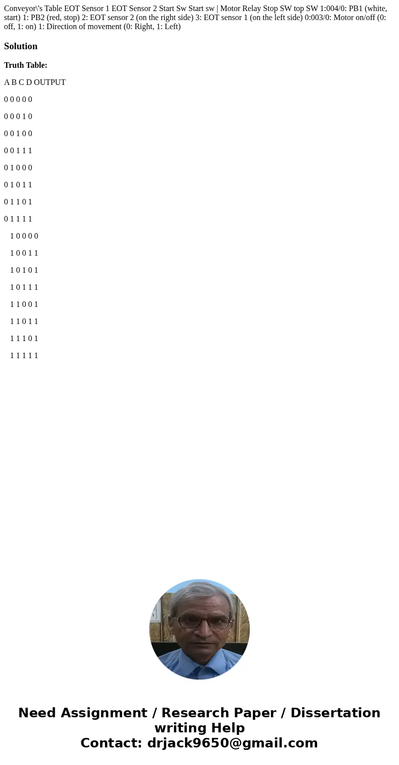Conveyor\'s Table EOT Sensor 1 EOT Sensor 2 Start Sw Start sw | Motor Relay Stop SW top SW 1:004/0: PB1 (white, start) 1: PB2 (red, stop) 2: EOT sensor 2 (on t  Conveyor\'s Table EOT Sensor 1 EOT Sensor 2 Start Sw Start sw | Motor Relay Stop SW top SW 1:004/0: PB1 (white, start) 1: PB2 (red, stop) 2: EOT sensor 2 (on t