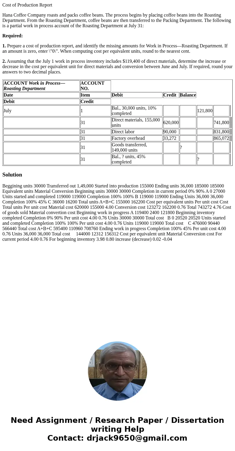 Cost of Production Report Hana Coffee Company roasts and packs coffee beans. The process begins by placing coffee beans into the Roasting Department. From the R