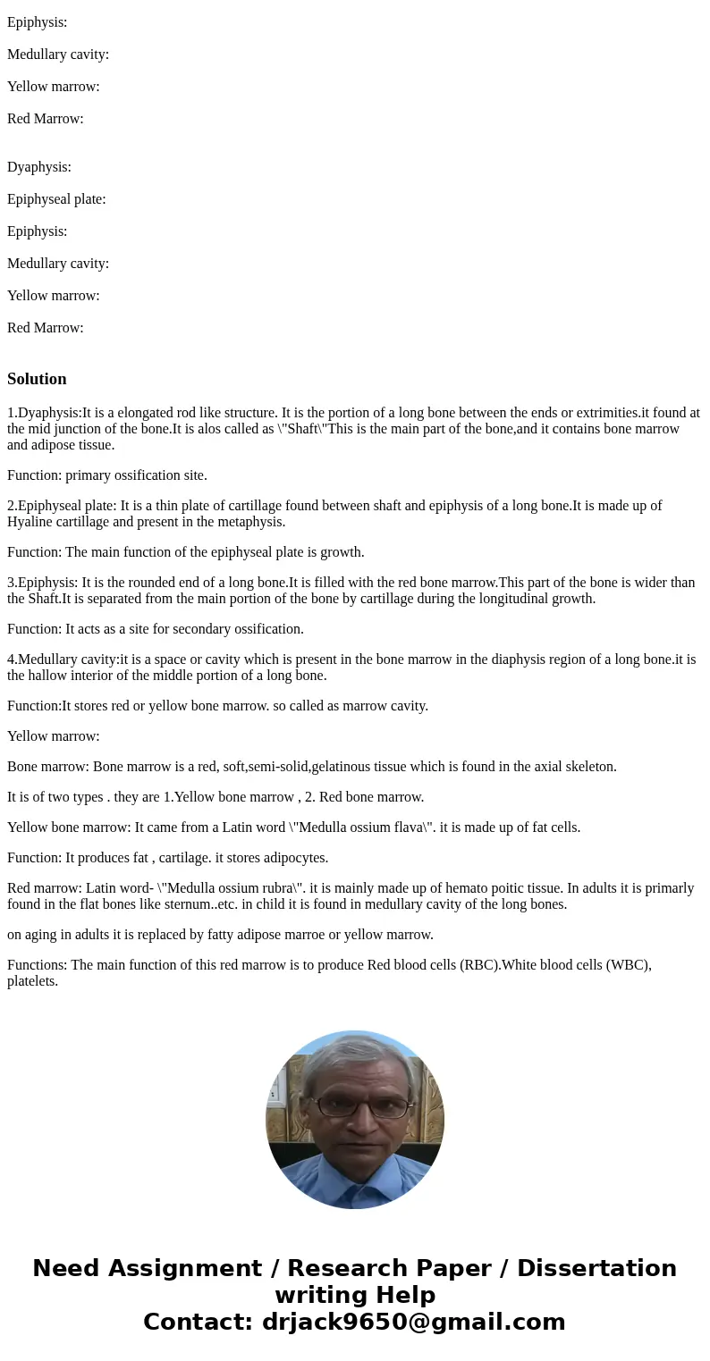 Define the following structure: Dyaphysis: Epiphyseal plate: Epiphysis: Medullary cavity: Yellow marrow: Red Marrow: Define the following structure: Dyaphysis:  Define the following structure: Dyaphysis: Epiphyseal plate: Epiphysis: Medullary cavity: Yellow marrow: Red Marrow: Define the following structure: Dyaphysis: