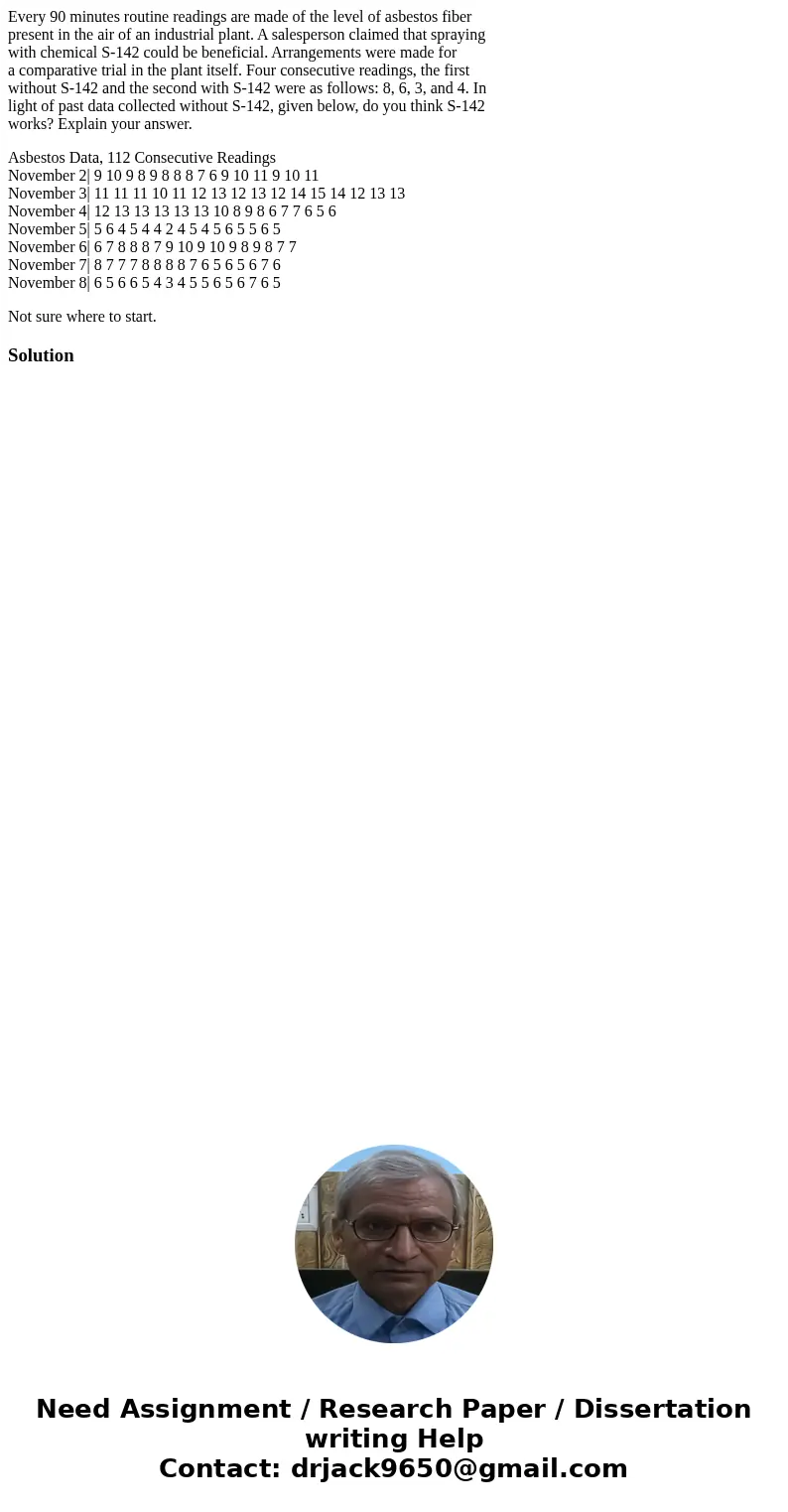 Every 90 minutes routine readings are made of the level of asbestos fiber present in the air of an industrial plant. A salesperson claimed that spraying with ch Every 90 minutes routine readings are made of the level of asbestos fiber present in the air of an industrial plant. A salesperson claimed that spraying with ch