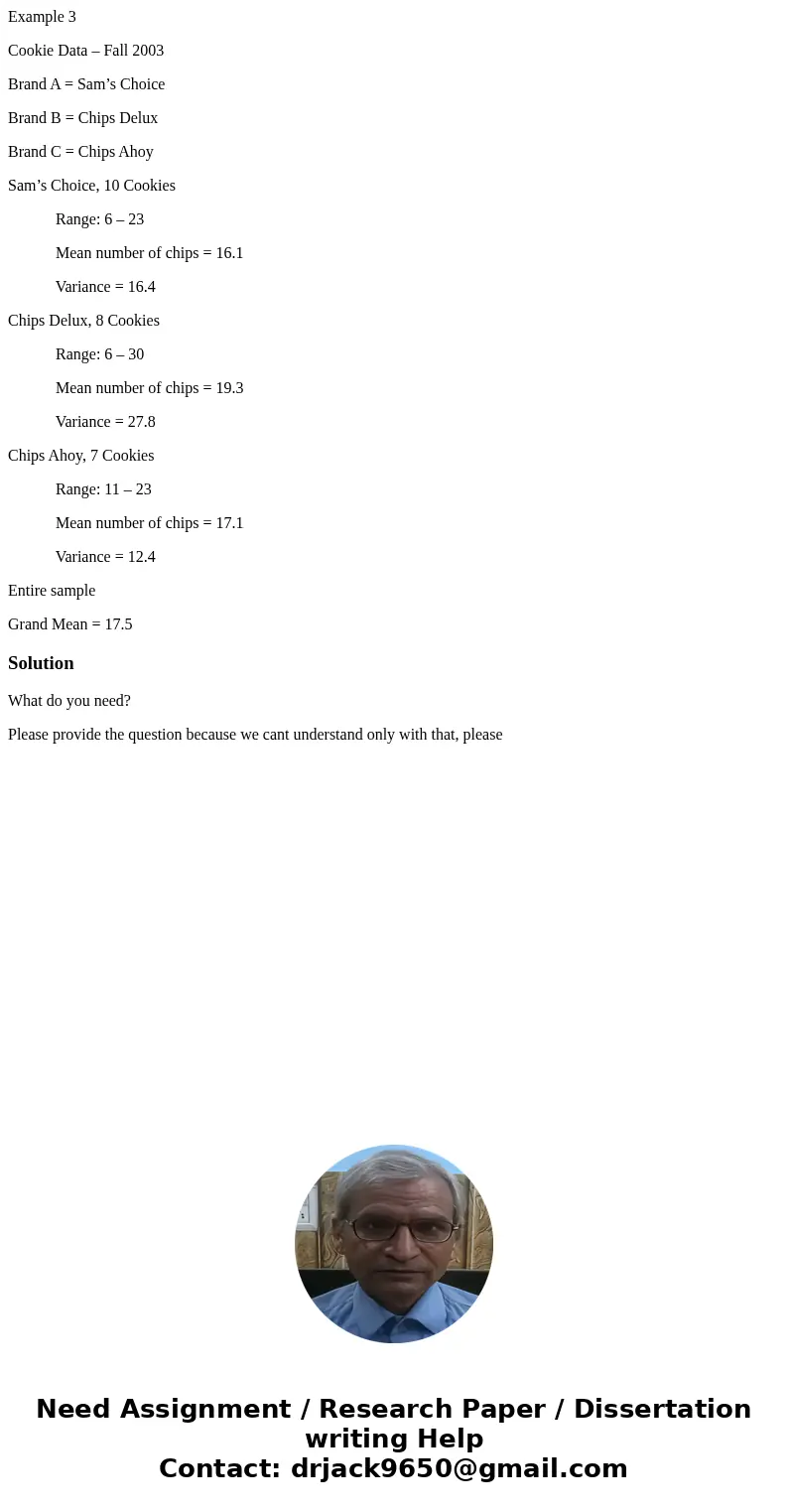 Example 3 Cookie Data – Fall 2003 Brand A = Sam’s Choice Brand B = Chips Delux Brand C = Chips Ahoy Sam’s Choice, 10 Cookies Range: 6 – 23 Mean number of chips  Example 3 Cookie Data – Fall 2003 Brand A = Sam’s Choice Brand B = Chips Delux Brand C = Chips Ahoy Sam’s Choice, 10 Cookies Range: 6 – 23 Mean number of chips