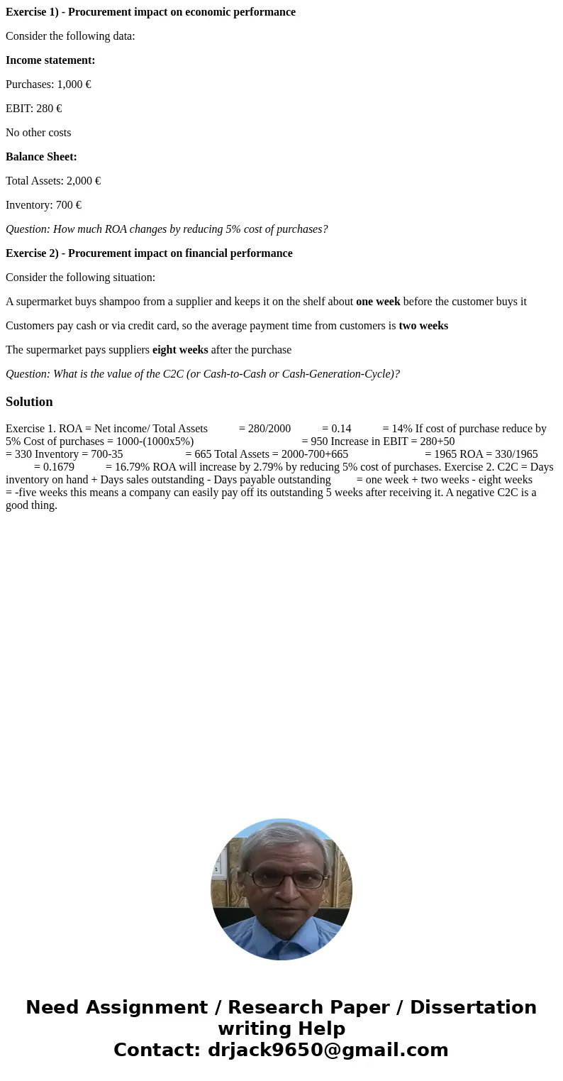 Exercise 1) - Procurement impact on economic performance Consider the following data: Income statement: Purchases: 1,000 € EBIT: 280 € No other costs Balance Sh Exercise 1) - Procurement impact on economic performance Consider the following data: Income statement: Purchases: 1,000 € EBIT: 280 € No other costs Balance Sh