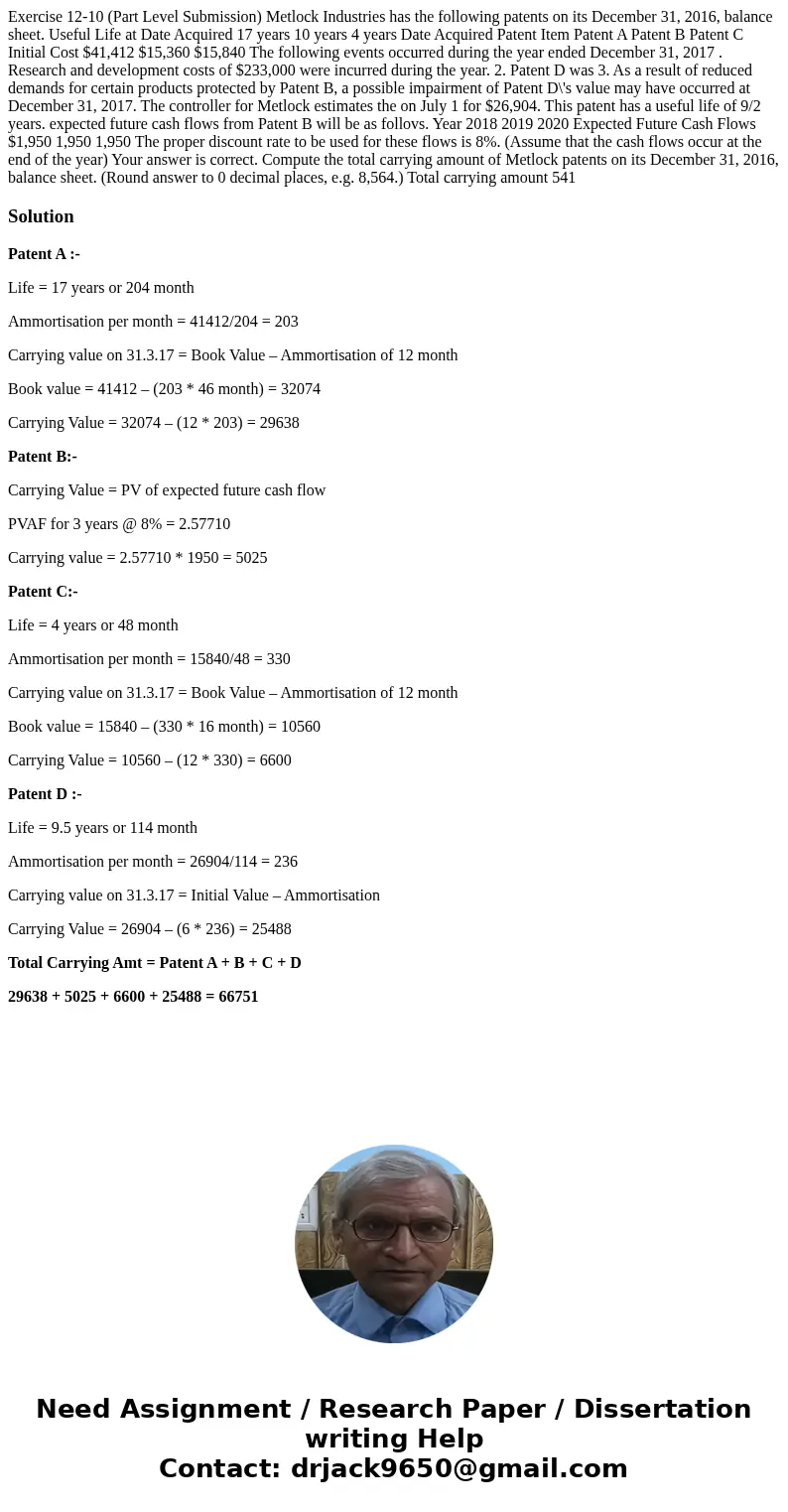  Exercise 12-10 (Part Level Submission) Metlock Industries has the following patents on its December 31, 2016, balance sheet. Useful Life at Date Acquired 17 ye