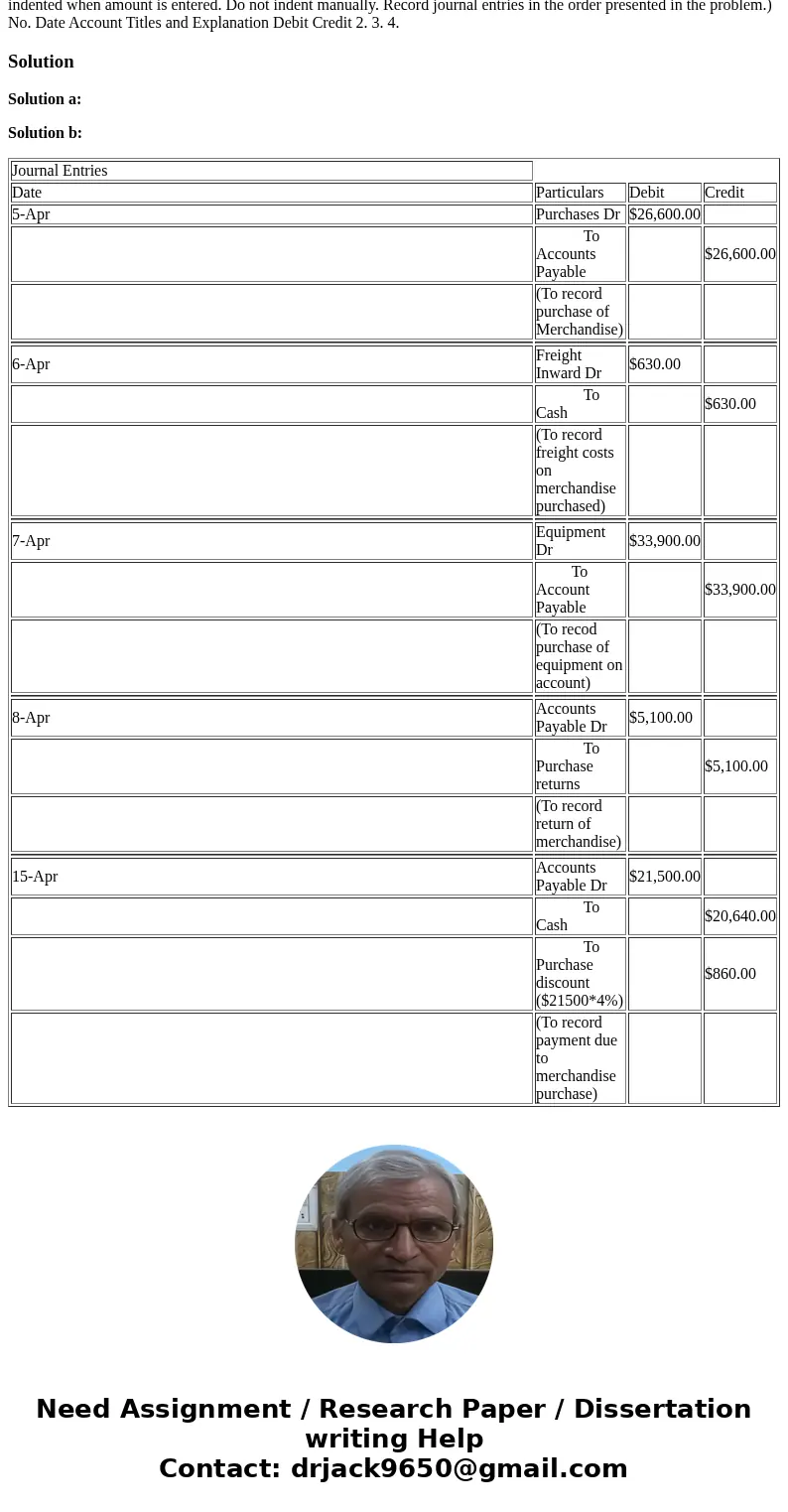  Exercise 5-1 This information relates to Cullumber Co.. 1. On April 5, purchased merchandise from Oriole Company for $26,600, terms 4/10, n/30 2. On April 6, p