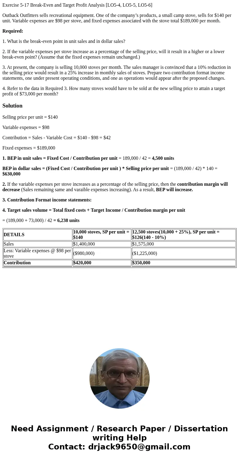 Exercise 5-17 Break-Even and Target Profit Analysis [LO5-4, LO5-5, LO5-6] Outback Outfitters sells recreational equipment. One of the company’s products, a smal