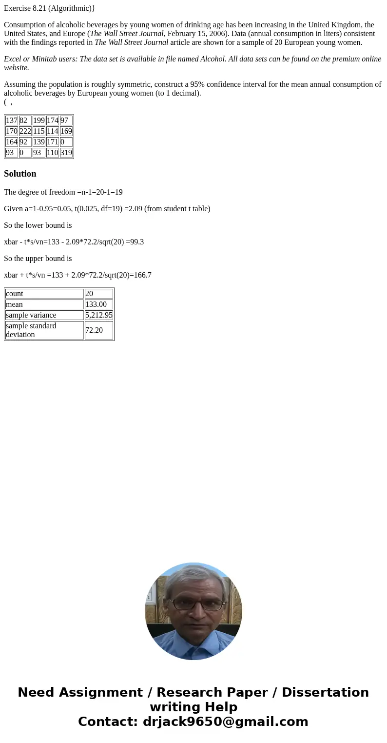 Exercise 8.21 (Algorithmic)} Consumption of alcoholic beverages by young women of drinking age has been increasing in the United Kingdom, the United States, and Exercise 8.21 (Algorithmic)} Consumption of alcoholic beverages by young women of drinking age has been increasing in the United Kingdom, the United States, and