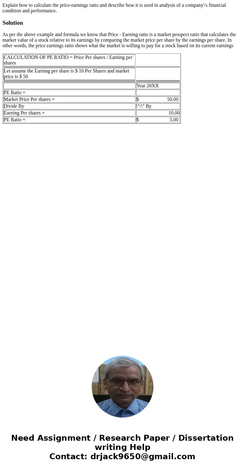 Explain how to calculate the price-earnings ratio and describe how it is used in analysis of a company\'s financial condition and performance.SolutionAs per the