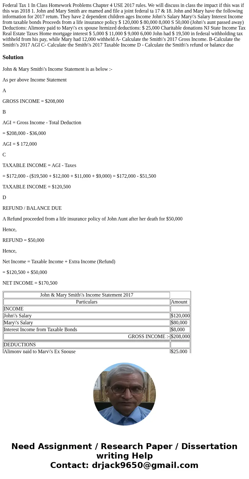  Federal Tax 1 In Class Homework Problems Chapter 4 USE 2017 rules. We will discuss in class the impact if this was if this was 2018 1. John and Mary Smith are 