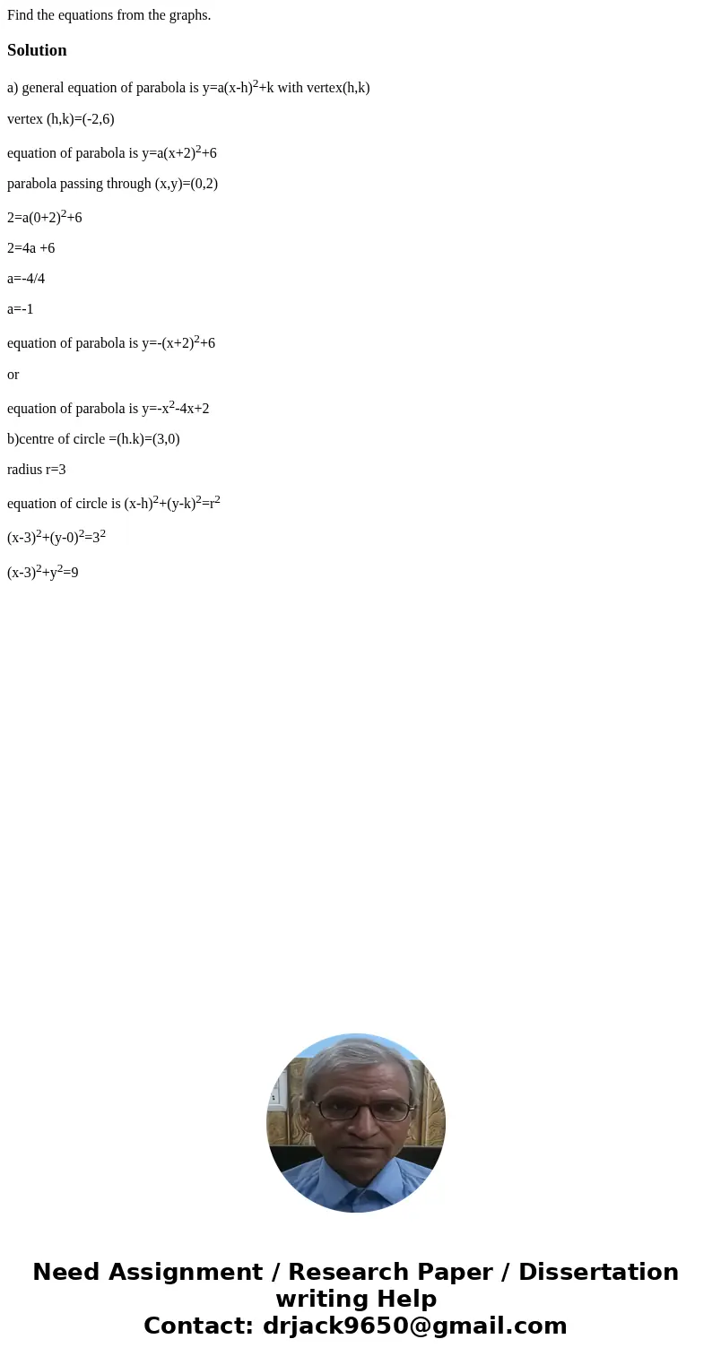 Find the equations from the graphs. Solutiona) general equation of parabola is y=a(x-h)2+k with vertex(h,k) vertex (h,k)=(-2,6) equation of parabola is y=a(x+2  Find the equations from the graphs. Solutiona) general equation of parabola is y=a(x-h)2+k with vertex(h,k) vertex (h,k)=(-2,6) equation of parabola is y=a(x+2