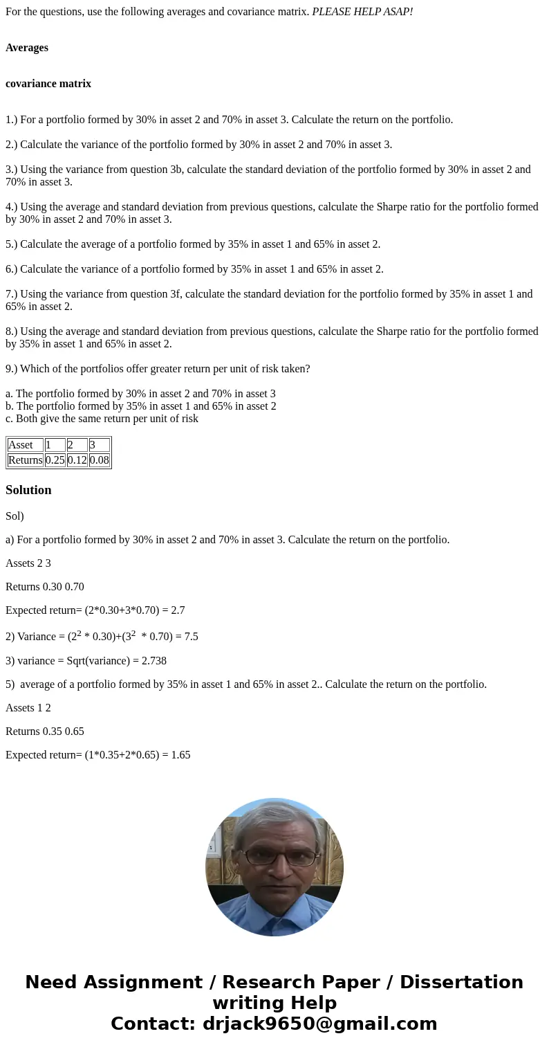 For the questions, use the following averages and covariance matrix. PLEASE HELP ASAP! Averages covariance matrix 1.) For a portfolio formed by 30% in asset 2 a For the questions, use the following averages and covariance matrix. PLEASE HELP ASAP! Averages covariance matrix 1.) For a portfolio formed by 30% in asset 2 a