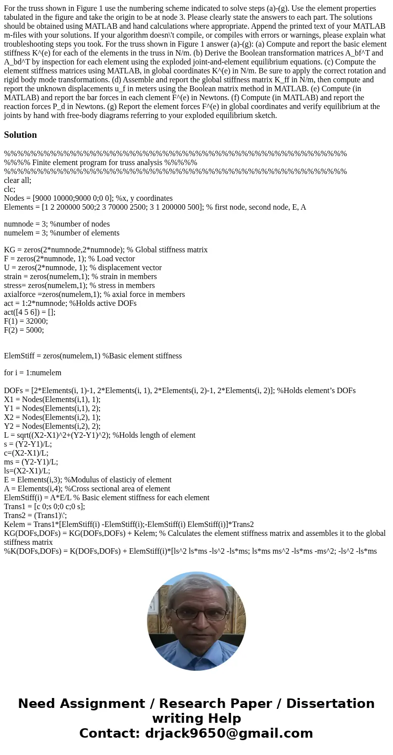 For the truss shown in Figure 1 use the numbering scheme indicated to solve steps (a)-(g). Use the element properties tabulated in the figure and take the orig  For the truss shown in Figure 1 use the numbering scheme indicated to solve steps (a)-(g). Use the element properties tabulated in the figure and take the orig