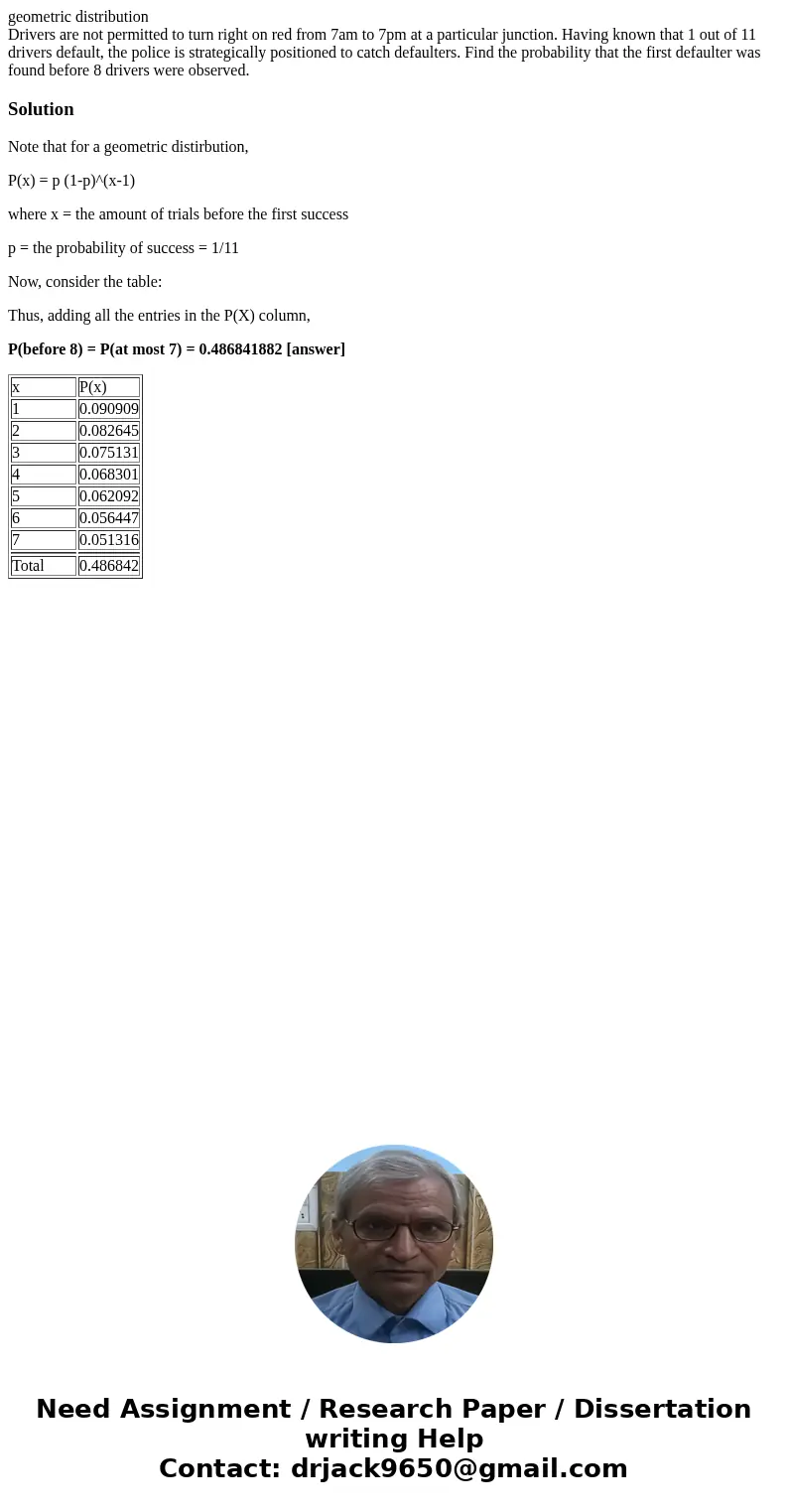 geometric distribution Drivers are not permitted to turn right on red from 7am to 7pm at a particular junction. Having known that 1 out of 11 drivers default, t geometric distribution Drivers are not permitted to turn right on red from 7am to 7pm at a particular junction. Having known that 1 out of 11 drivers default, t