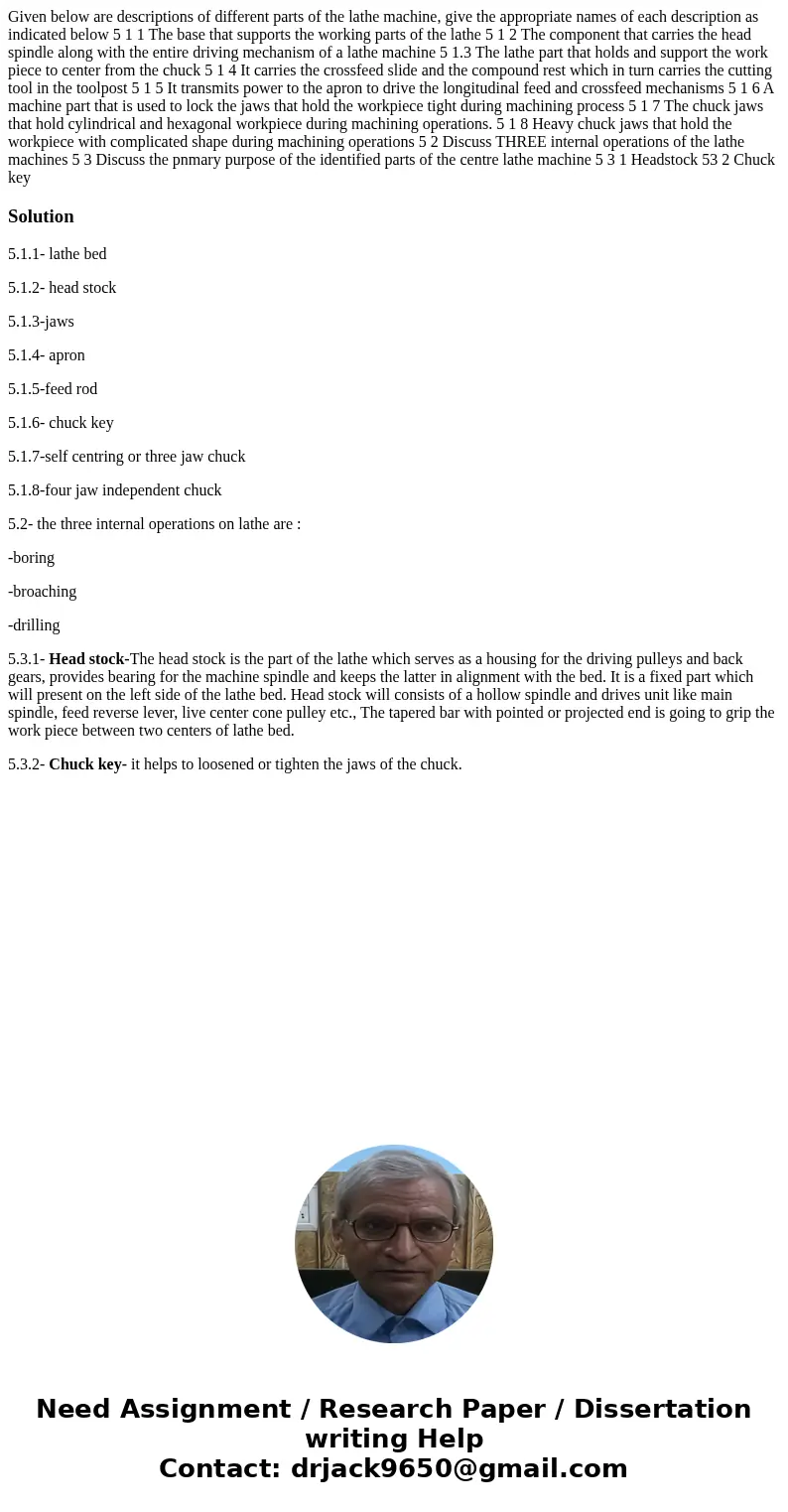  Given below are descriptions of different parts of the lathe machine, give the appropriate names of each description as indicated below 5 1 1 The base that sup