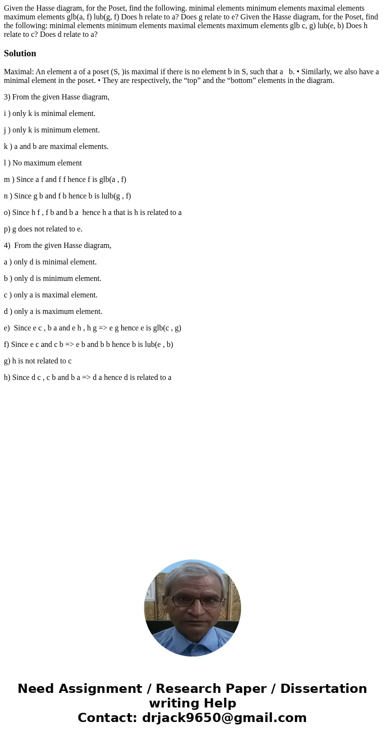 Given the Hasse diagram, for the Poset, find the following. minimal elements minimum elements maximal elements maximum elements glb(a, f) lub(g, f) Does h rela  Given the Hasse diagram, for the Poset, find the following. minimal elements minimum elements maximal elements maximum elements glb(a, f) lub(g, f) Does h rela