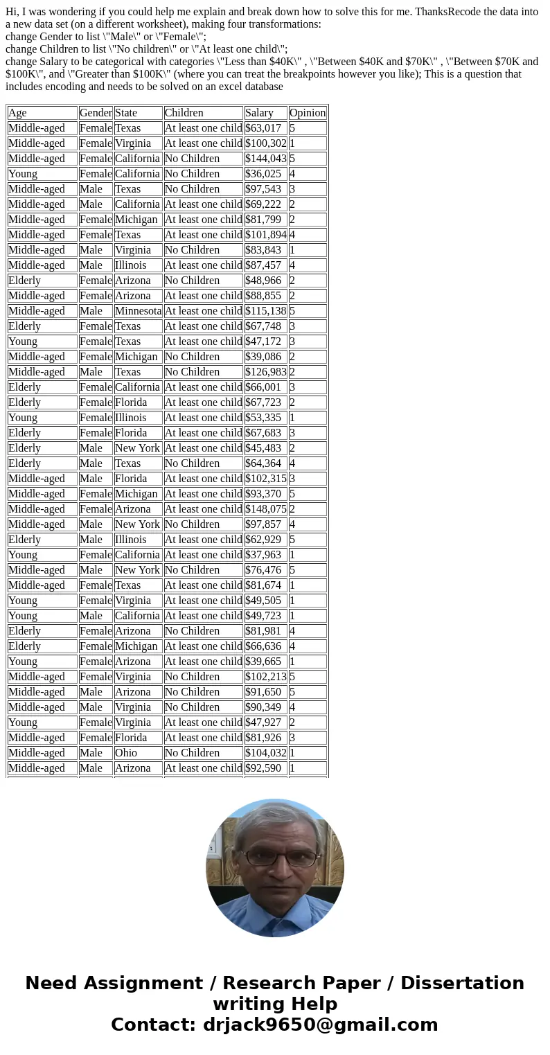 Hi, I was wondering if you could help me explain and break down how to solve this for me. ThanksRecode the data into a new data set (on a different worksheet), 