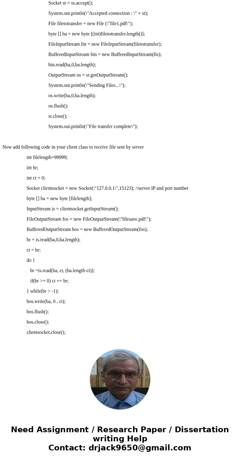 I am using macOS and writting 2 Java classes, a client clase and a multi-threaded server class. Could you please help me to add a function of file transfer to t I am using macOS and writting 2 Java classes, a client clase and a multi-threaded server class. Could you please help me to add a function of file transfer to t