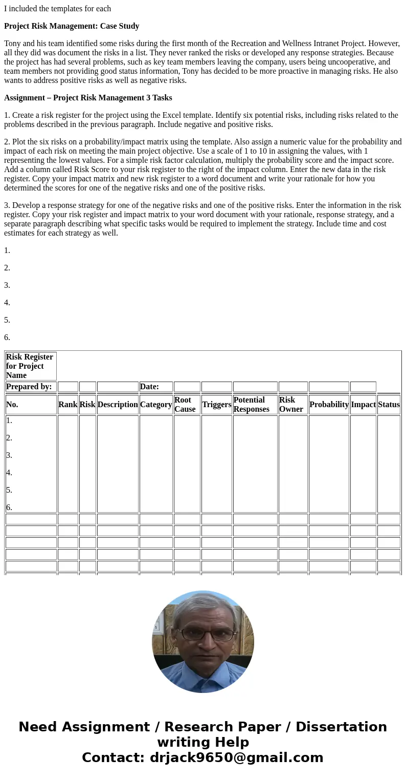 I included the templates for each Project Risk Management: Case Study Tony and his team identified some risks during the first month of the Recreation and Welln
