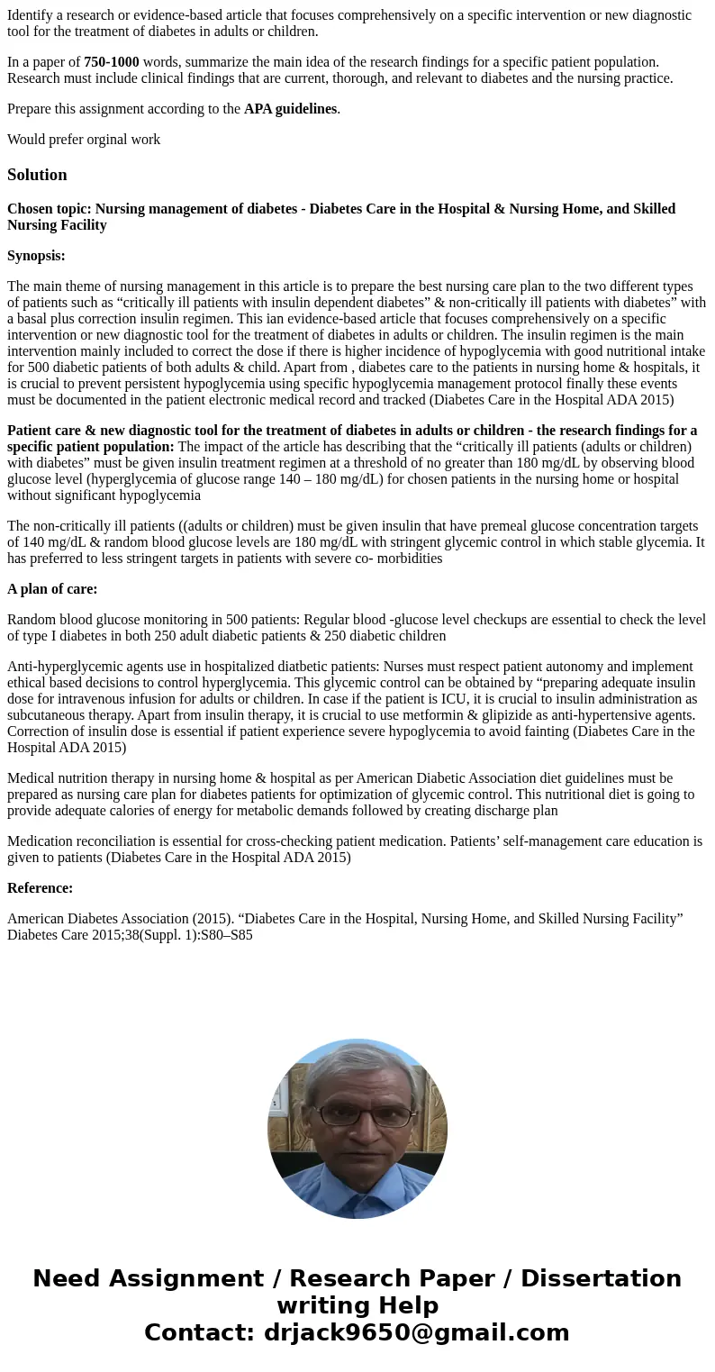 Identify a research or evidence-based article that focuses comprehensively on a specific intervention or new diagnostic tool for the treatment of diabetes in ad Identify a research or evidence-based article that focuses comprehensively on a specific intervention or new diagnostic tool for the treatment of diabetes in ad