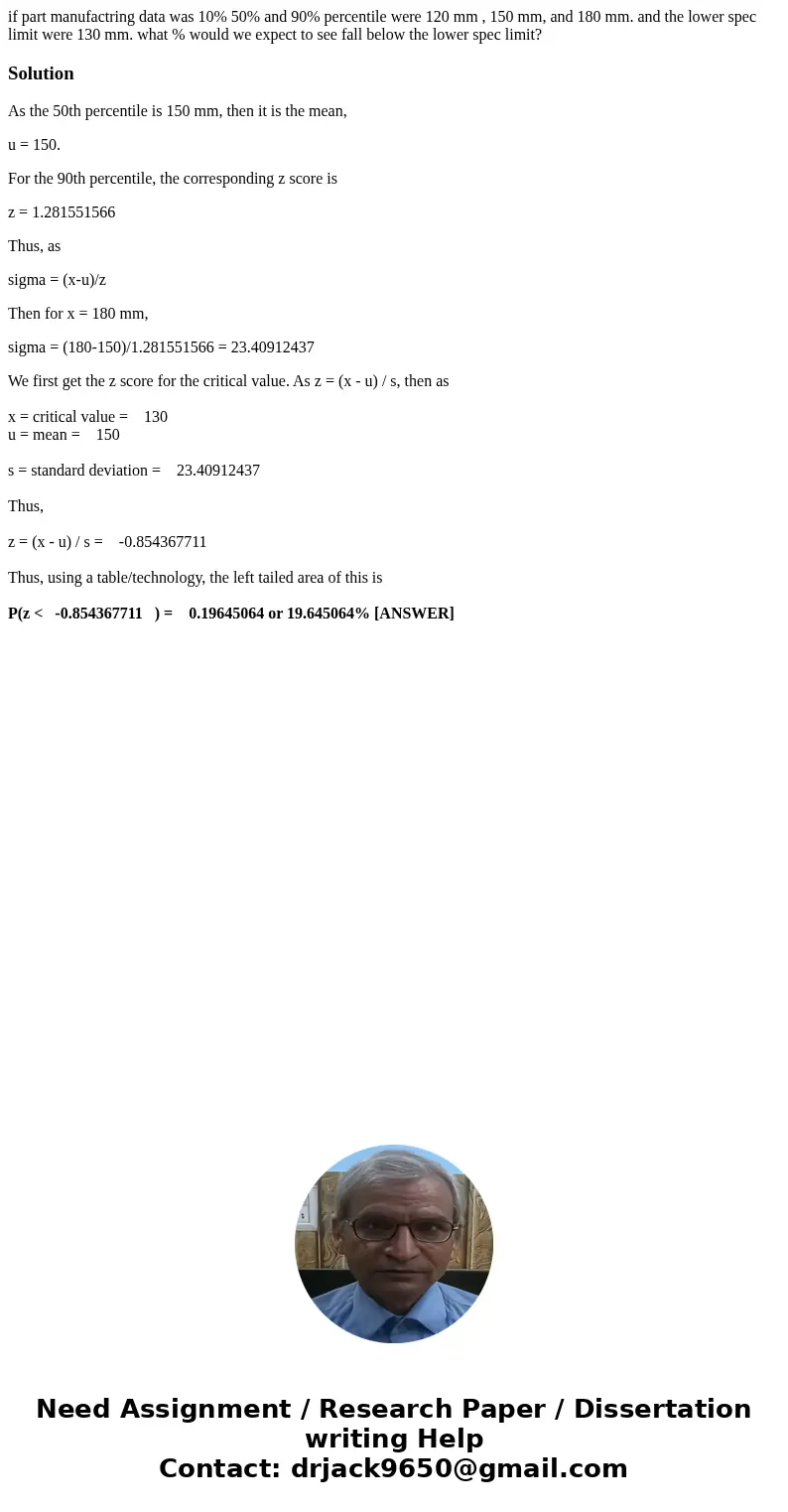 if part manufactring data was 10% 50% and 90% percentile were 120 mm , 150 mm, and 180 mm. and the lower spec limit were 130 mm. what % would we expect to see f if part manufactring data was 10% 50% and 90% percentile were 120 mm , 150 mm, and 180 mm. and the lower spec limit were 130 mm. what % would we expect to see f