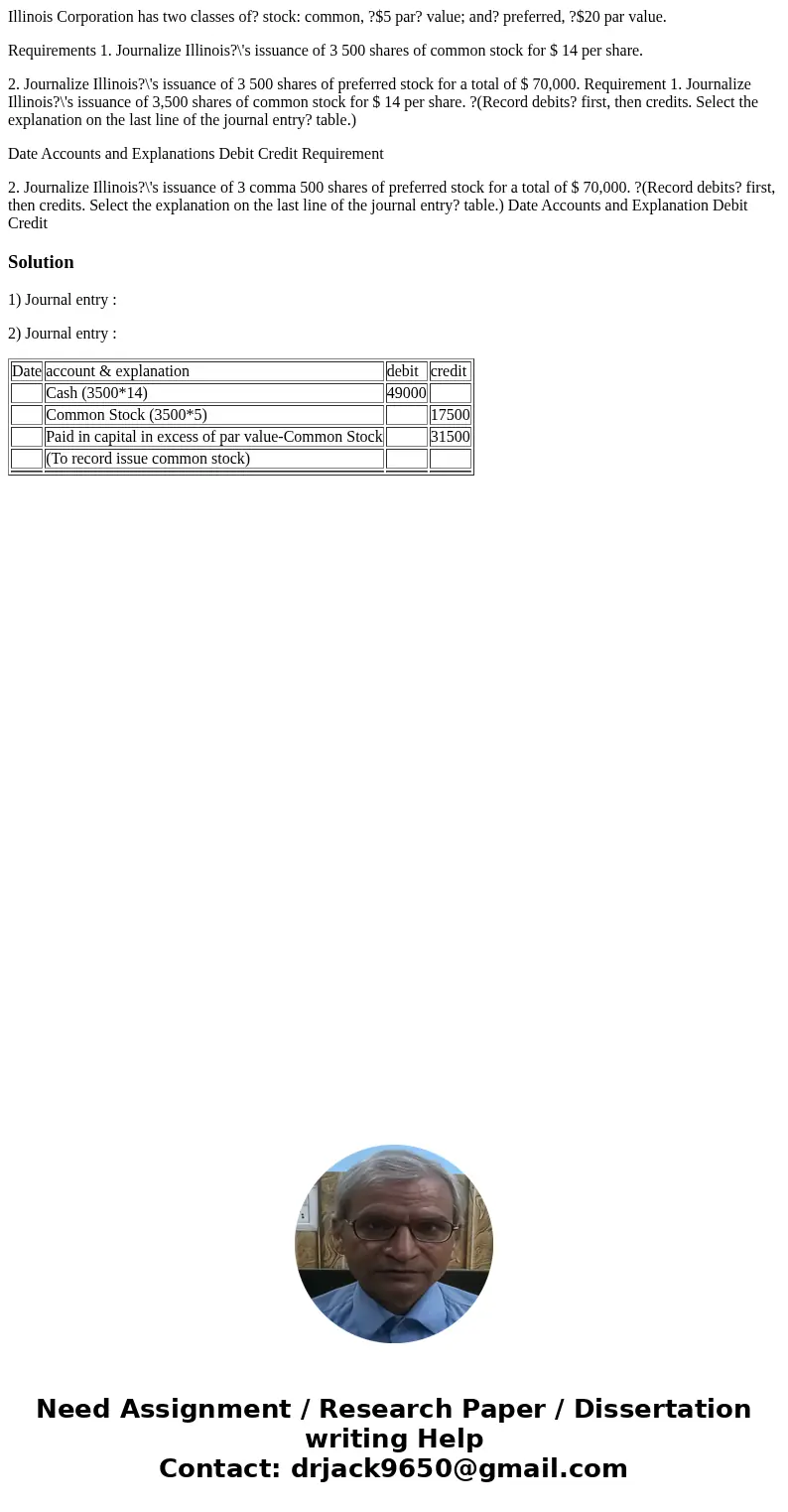Illinois Corporation has two classes of? stock: common, ?$5 par? value; and? preferred, ?$20 par value. Requirements 1. Journalize Illinois?\'s issuance of 3 50