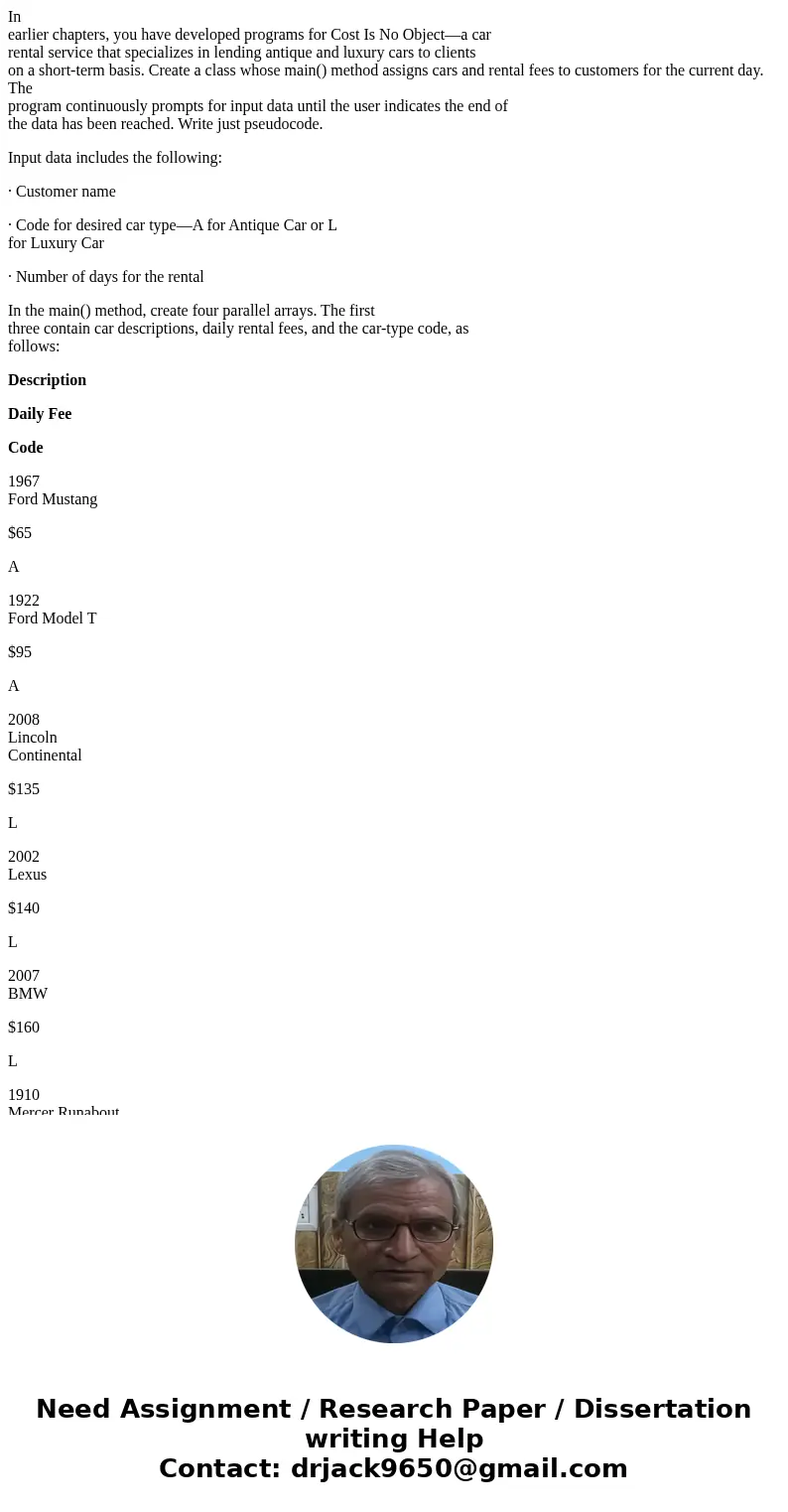 In earlier chapters, you have developed programs for Cost Is No Object—a car rental service that specializes in lending antique and luxury cars to clients on a  In earlier chapters, you have developed programs for Cost Is No Object—a car rental service that specializes in lending antique and luxury cars to clients on a