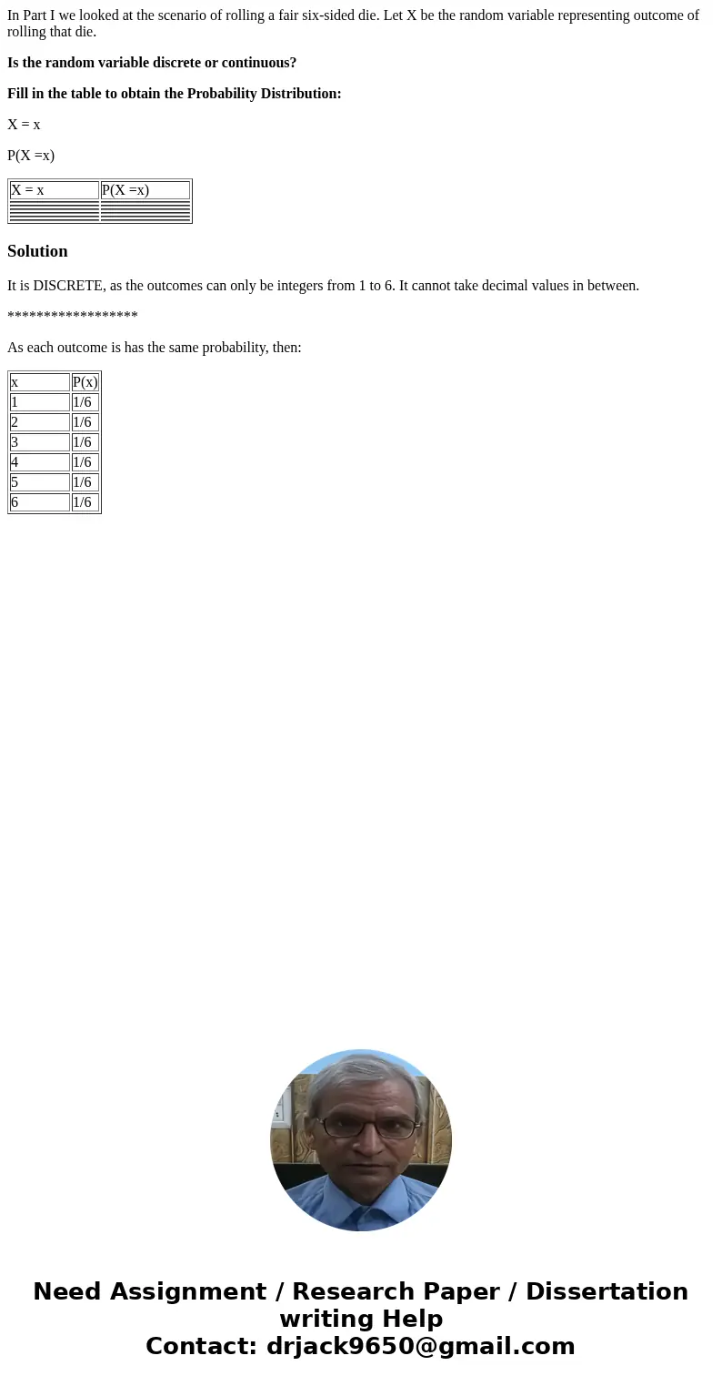 In Part I we looked at the scenario of rolling a fair six-sided die. Let X be the random variable representing outcome of rolling that die. Is the random variab In Part I we looked at the scenario of rolling a fair six-sided die. Let X be the random variable representing outcome of rolling that die. Is the random variab