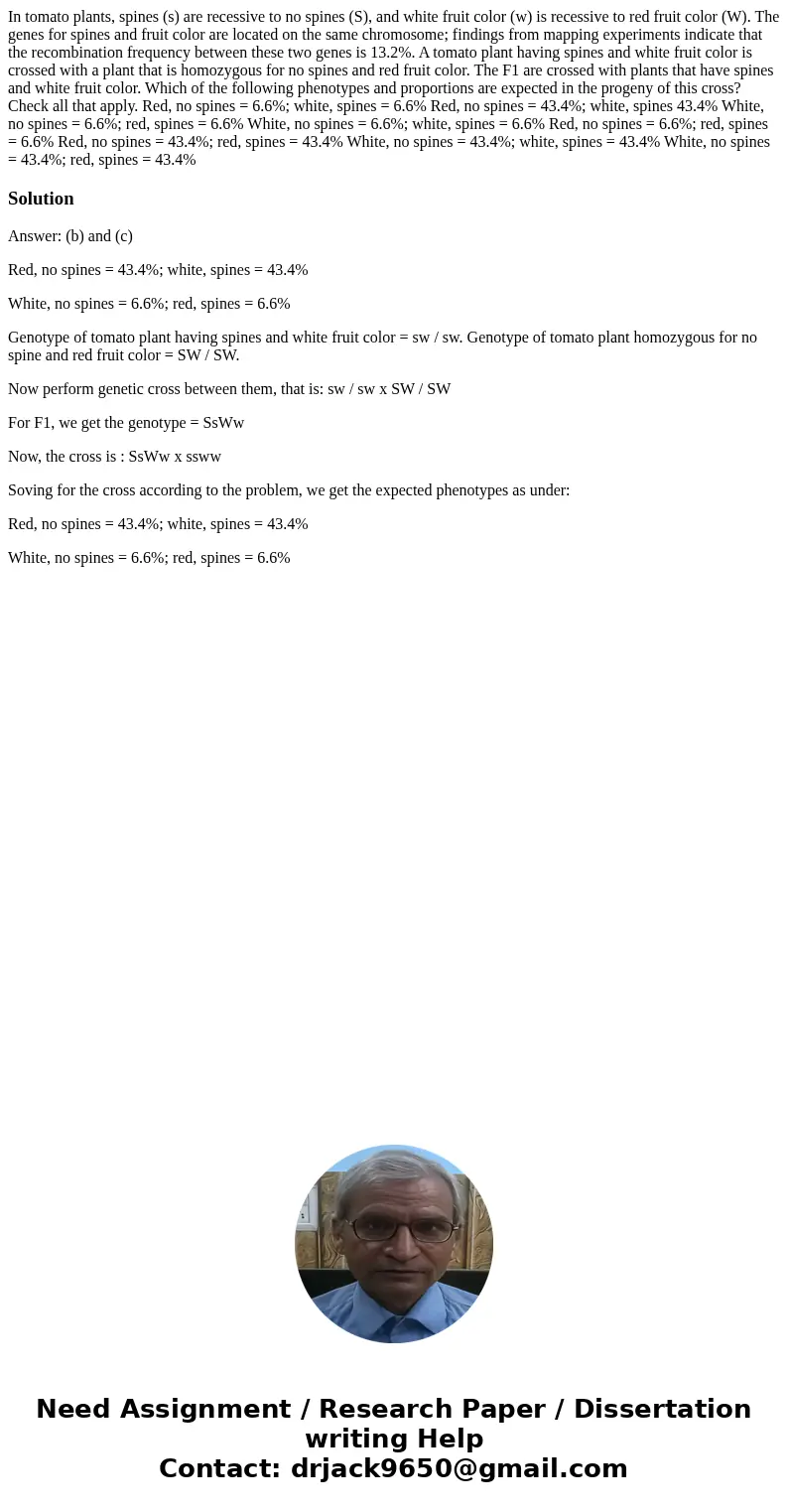In tomato plants, spines (s) are recessive to no spines (S), and white fruit color (w) is recessive to red fruit color (W). The genes for spines and fruit colo  In tomato plants, spines (s) are recessive to no spines (S), and white fruit color (w) is recessive to red fruit color (W). The genes for spines and fruit colo
