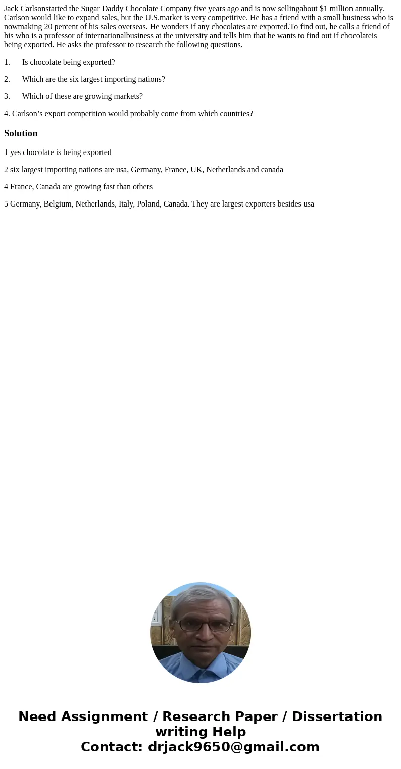 Jack Carlsonstarted the Sugar Daddy Chocolate Company five years ago and is now sellingabout $1 million annually. Carlson would like to expand sales, but the U.