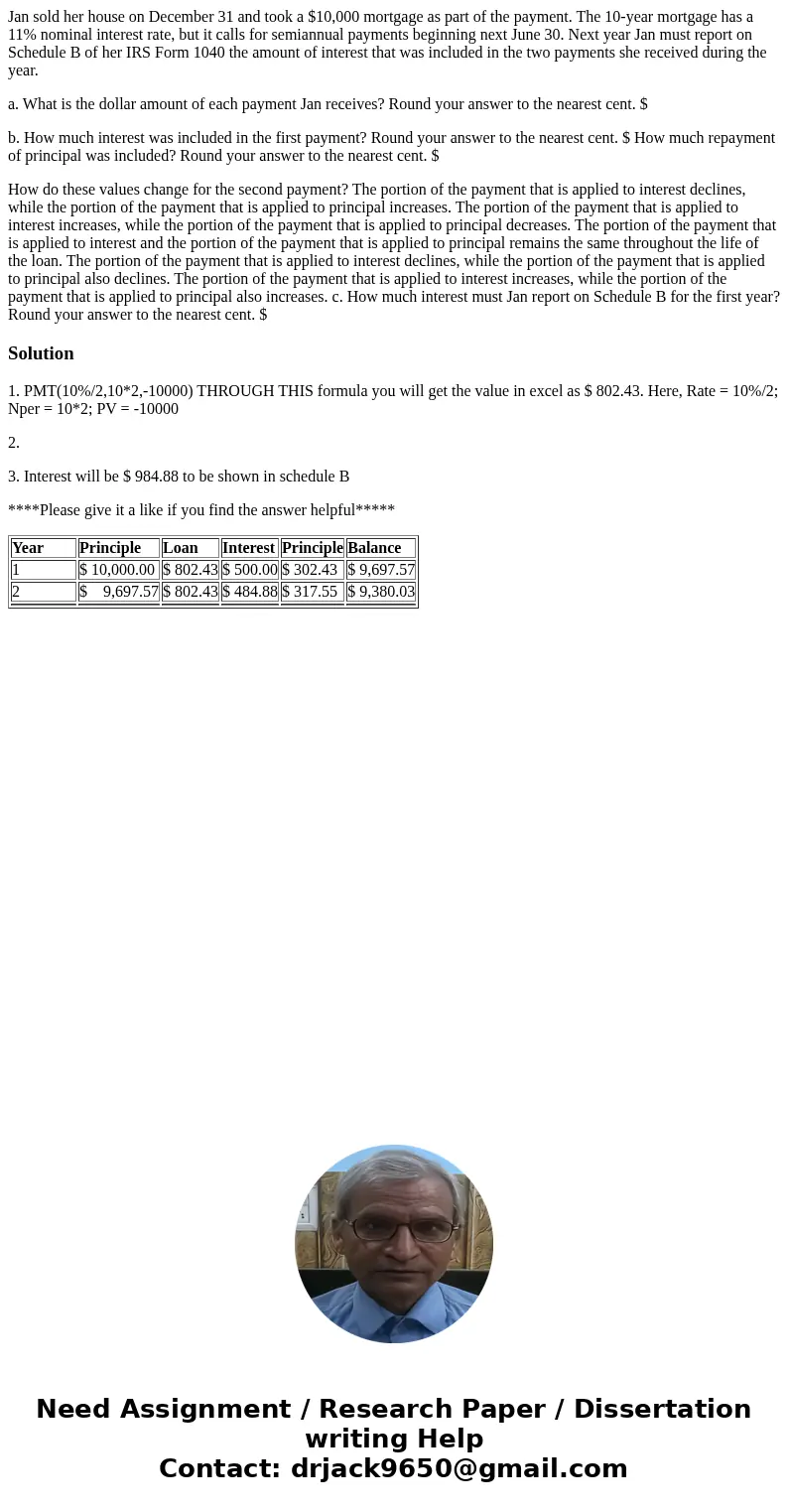 Jan sold her house on December 31 and took a $10,000 mortgage as part of the payment. The 10-year mortgage has a 11% nominal interest rate, but it calls for sem Jan sold her house on December 31 and took a $10,000 mortgage as part of the payment. The 10-year mortgage has a 11% nominal interest rate, but it calls for sem