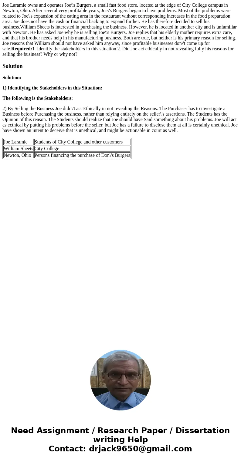 Joe Laramie owns and operates Joe\'s Burgers, a small fast food store, located at the edge of City College campus in Newton, Ohio. After several very profitable Joe Laramie owns and operates Joe\'s Burgers, a small fast food store, located at the edge of City College campus in Newton, Ohio. After several very profitable