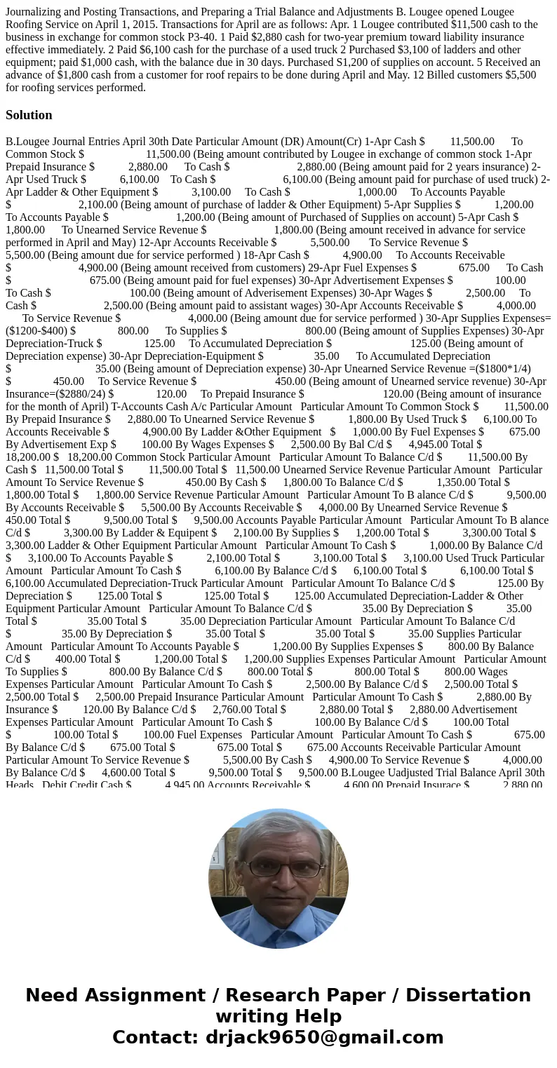 Journalizing and Posting Transactions, and Preparing a Trial Balance and Adjustments B. Lougee opened Lougee Roofing Service on April 1, 2015. Transactions for  Journalizing and Posting Transactions, and Preparing a Trial Balance and Adjustments B. Lougee opened Lougee Roofing Service on April 1, 2015. Transactions for
