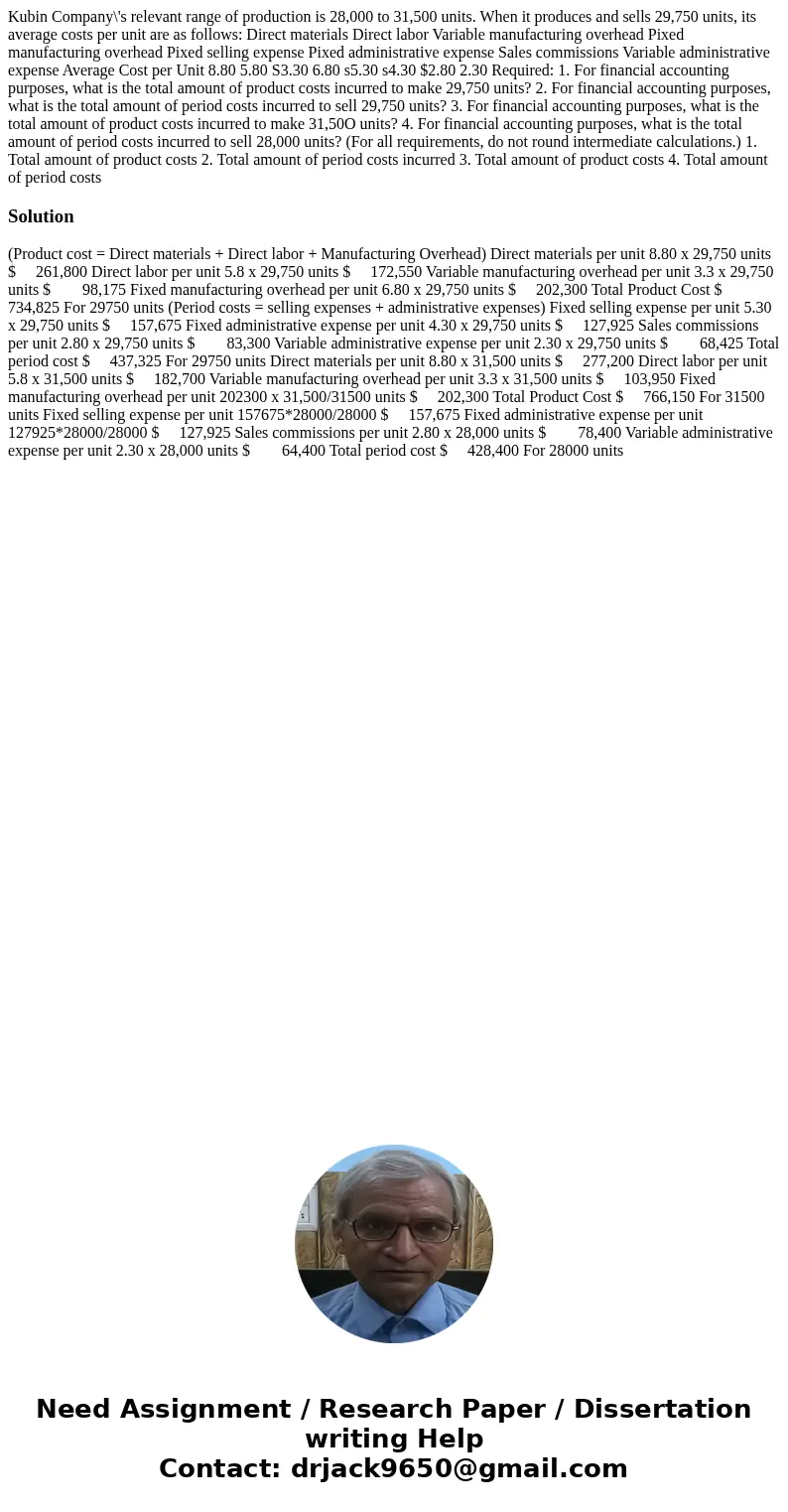 Kubin Company\'s relevant range of production is 28,000 to 31,500 units. When it produces and sells 29,750 units, its average costs per unit are as follows: Di  Kubin Company\'s relevant range of production is 28,000 to 31,500 units. When it produces and sells 29,750 units, its average costs per unit are as follows: Di