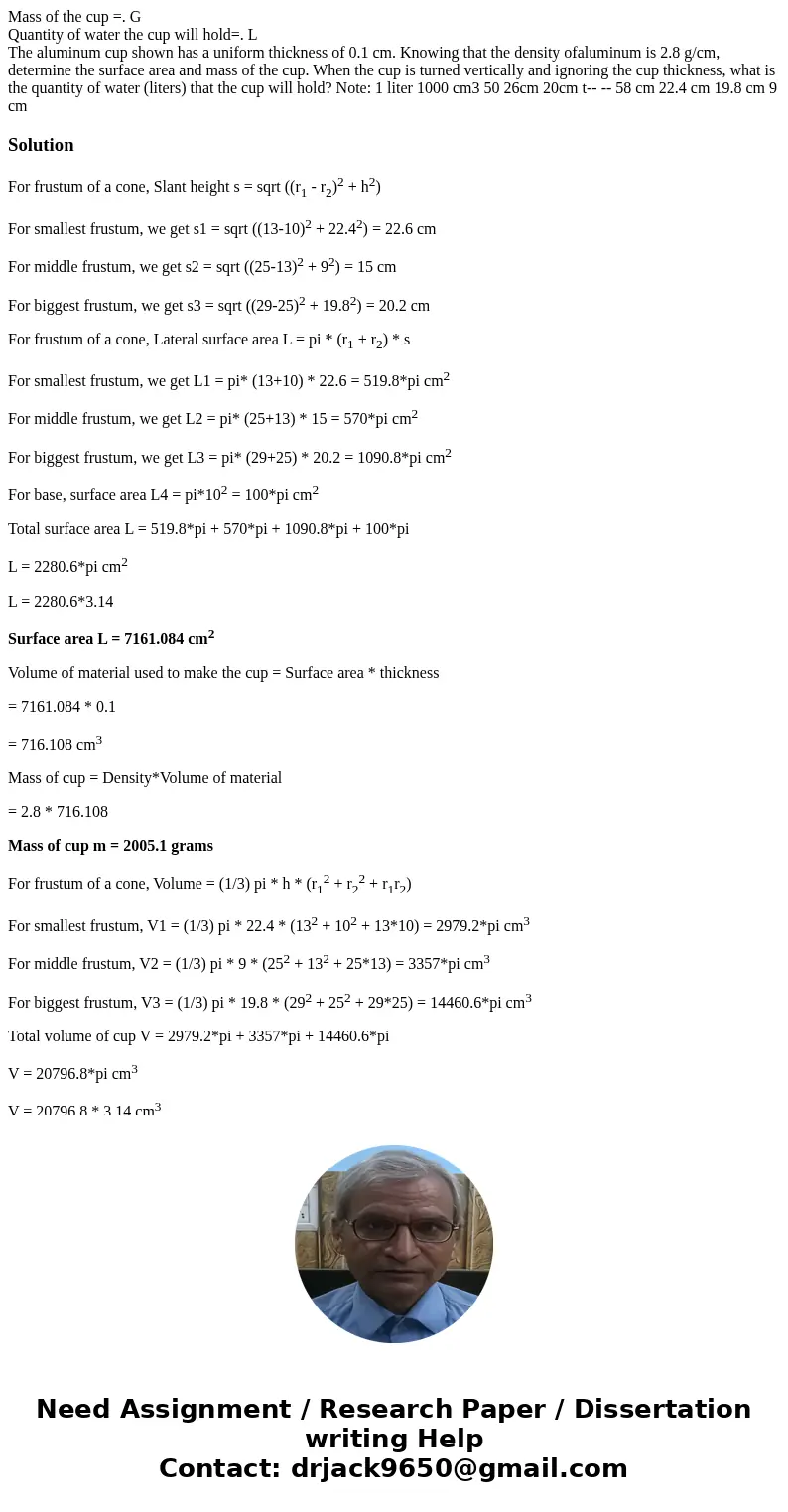 Mass of the cup =. G Quantity of water the cup will hold=. L The aluminum cup shown has a uniform thickness of 0.1 cm. Knowing that the density ofaluminum is 2.