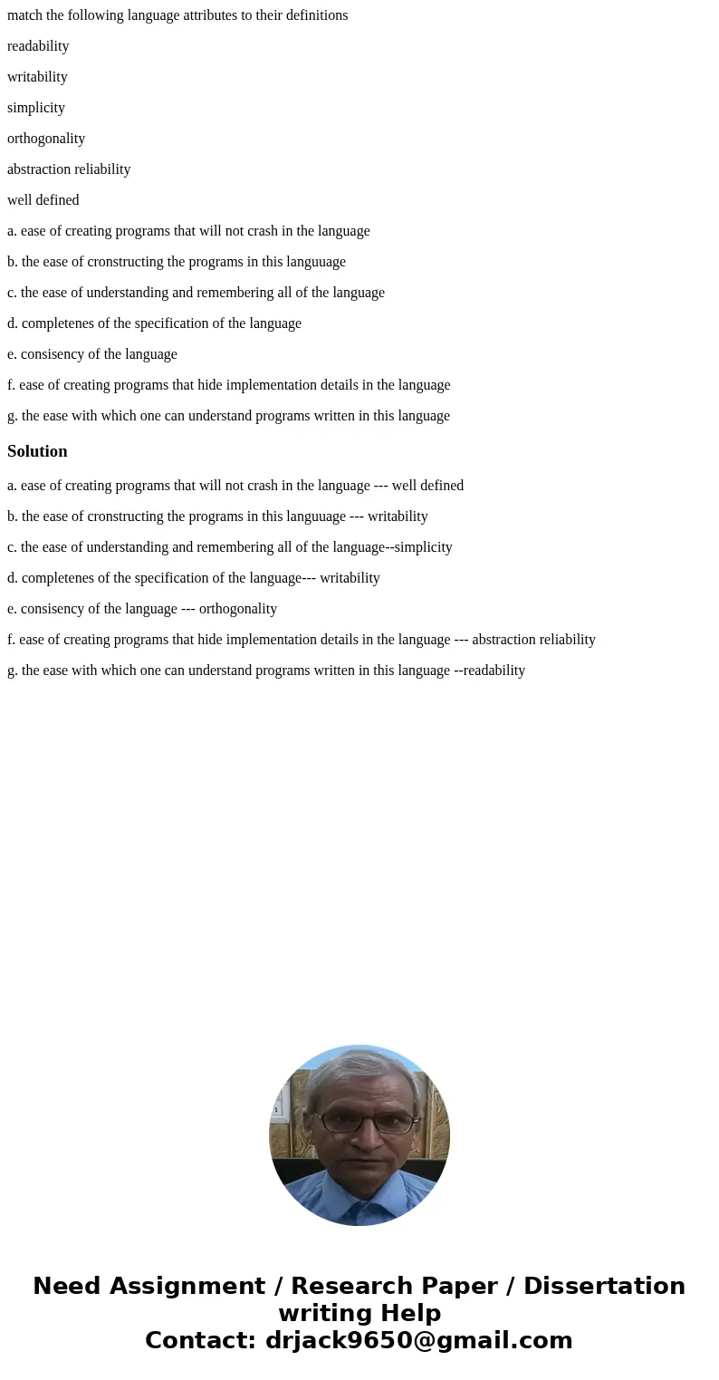 match the following language attributes to their definitions readability writability simplicity orthogonality abstraction reliability well defined a. ease of cr match the following language attributes to their definitions readability writability simplicity orthogonality abstraction reliability well defined a. ease of cr