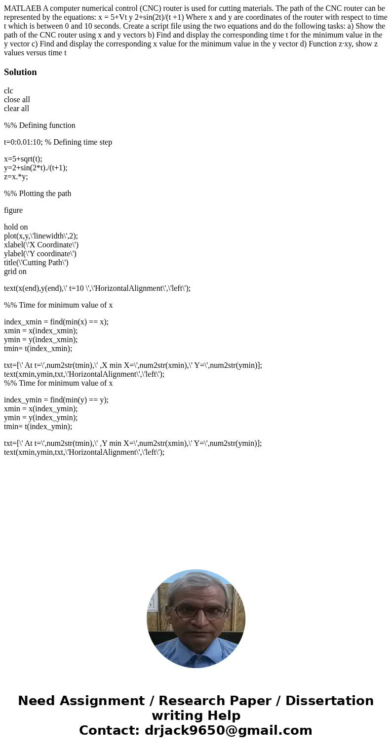 MATLAEB A computer numerical control (CNC) router is used for cutting materials. The path of the CNC router can be represented by the equations: x = 5+Vt y 2+s  MATLAEB A computer numerical control (CNC) router is used for cutting materials. The path of the CNC router can be represented by the equations: x = 5+Vt y 2+s