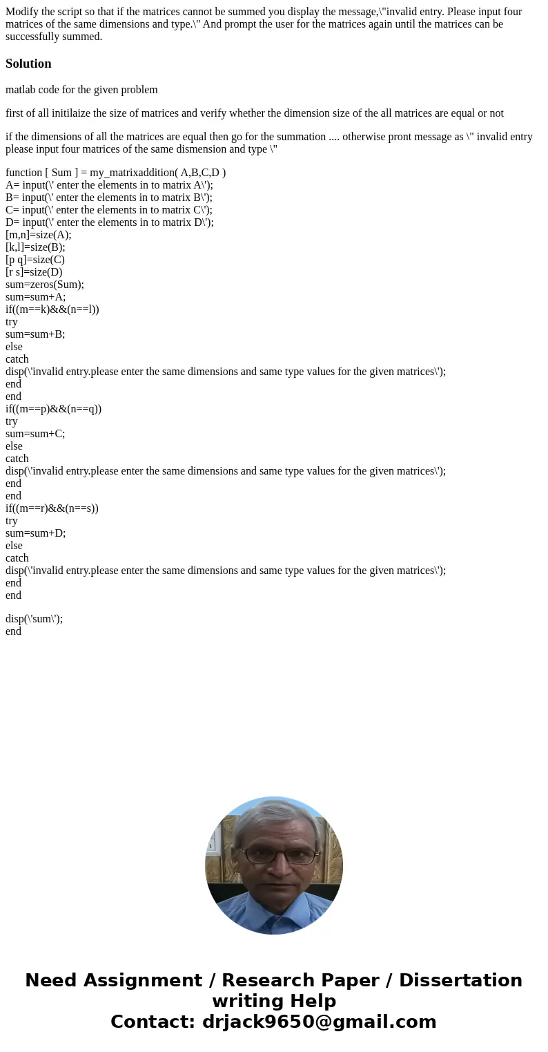 Modify the script so that if the matrices cannot be summed you display the message,\ Modify the script so that if the matrices cannot be summed you display the message,\