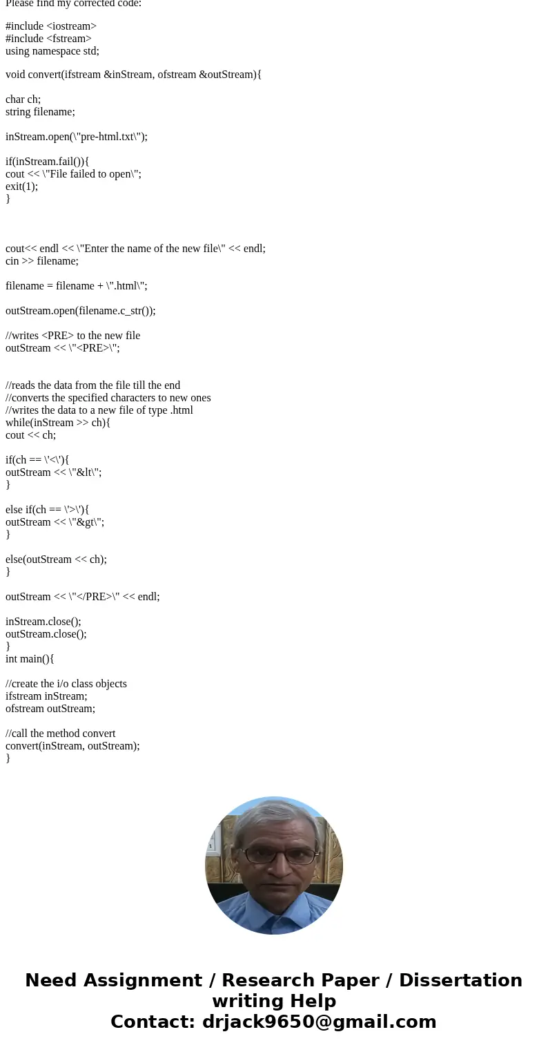 My c++ code will not compile and I have no idea why. Can someone help me? /*This program will convert a c++ txt file to html ready format*/ #include <iostrea