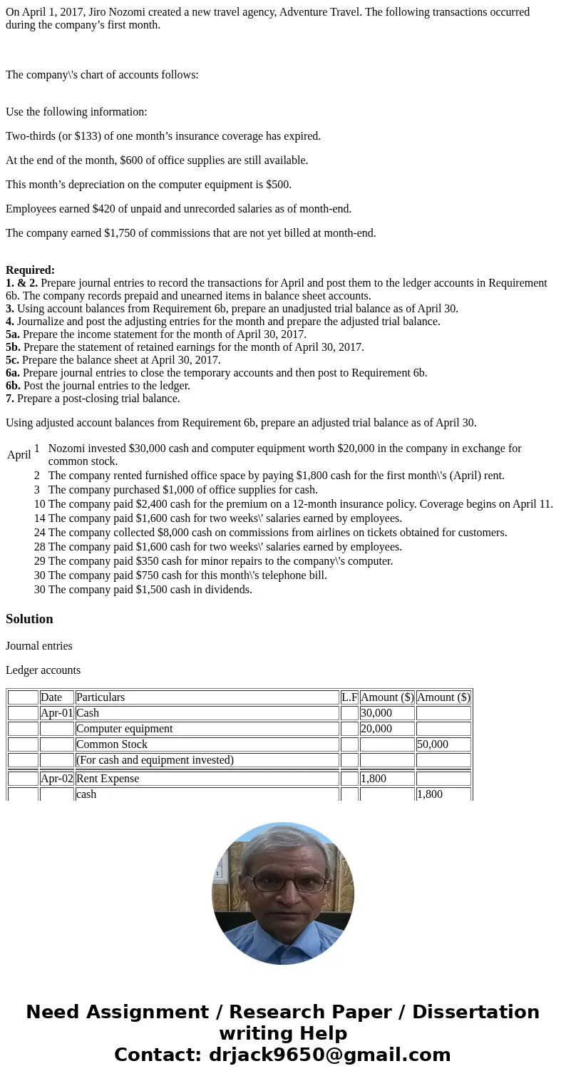 On April 1, 2017, Jiro Nozomi created a new travel agency, Adventure Travel. The following transactions occurred during the company’s first month. The company\' On April 1, 2017, Jiro Nozomi created a new travel agency, Adventure Travel. The following transactions occurred during the company’s first month. The company\'