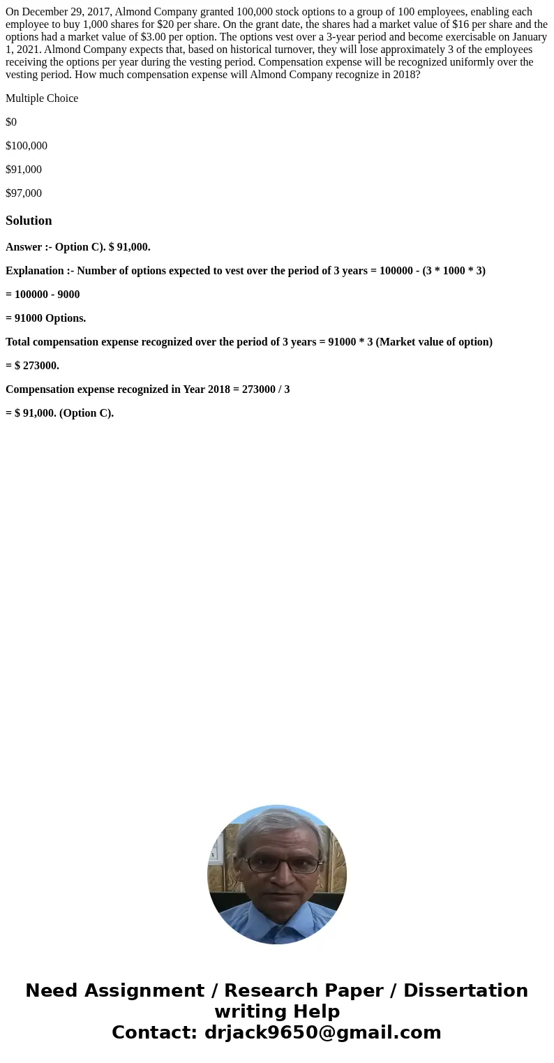 On December 29, 2017, Almond Company granted 100,000 stock options to a group of 100 employees, enabling each employee to buy 1,000 shares for $20 per share. On On December 29, 2017, Almond Company granted 100,000 stock options to a group of 100 employees, enabling each employee to buy 1,000 shares for $20 per share. On