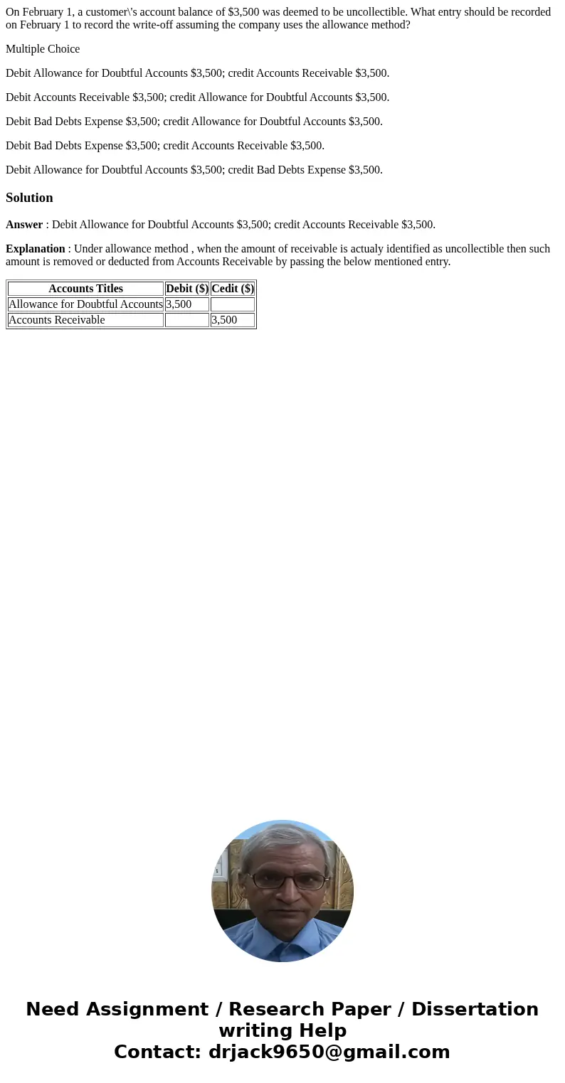 On February 1, a customer\'s account balance of $3,500 was deemed to be uncollectible. What entry should be recorded on February 1 to record the write-off assum On February 1, a customer\'s account balance of $3,500 was deemed to be uncollectible. What entry should be recorded on February 1 to record the write-off assum